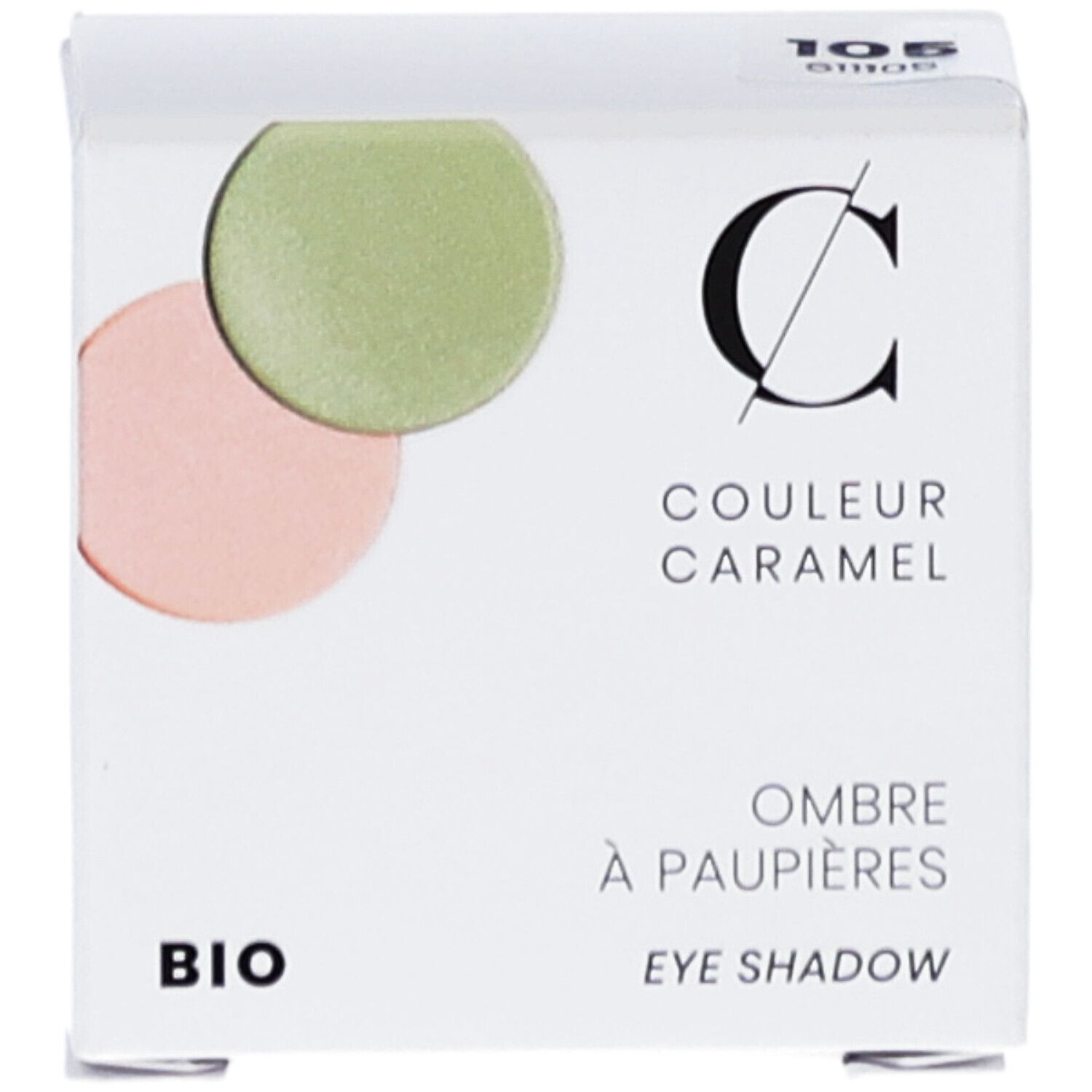 Boîte blanche avec fard à paupières. Marque COULEUR CARAMEL, BIO. Deux couleurs rondes de fard à paupières : rose et vert. Texte : Ombre à paupières.