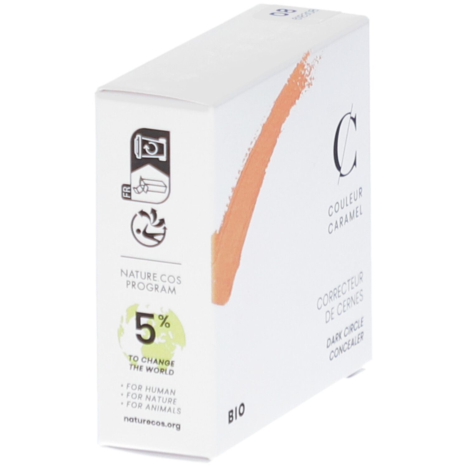 Boîte de correcteur de cernes COULEUR CARAMEL. Inscription: BIO. Texte: Correcteur de cernes, Dark Circle Concealer. Logo Nature Cos.
