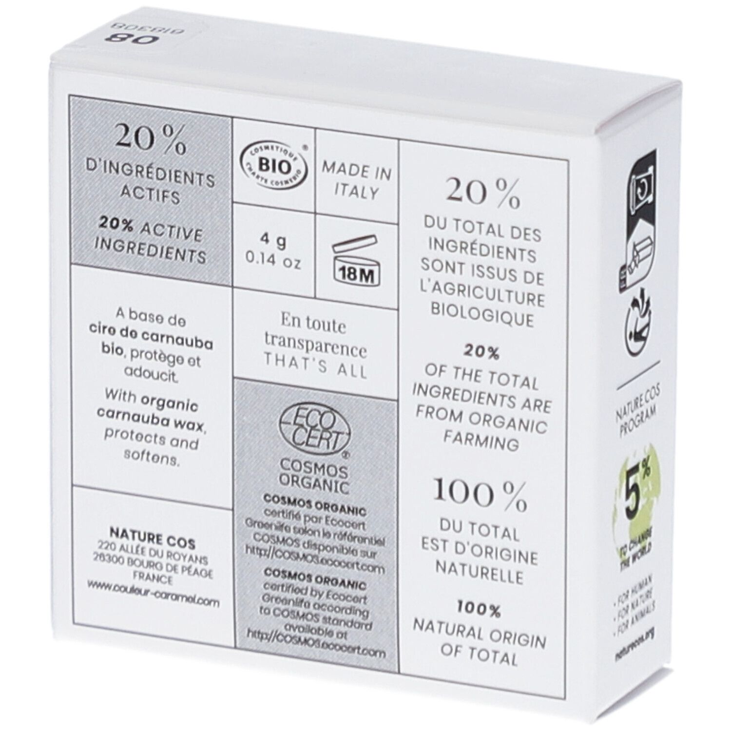 Dos de la boîte. Inscriptions: 20% ingrédients actifs, 100% d'origine naturelle. Certifications: BIO, COSMOS ORGANIC, Made in Italy.