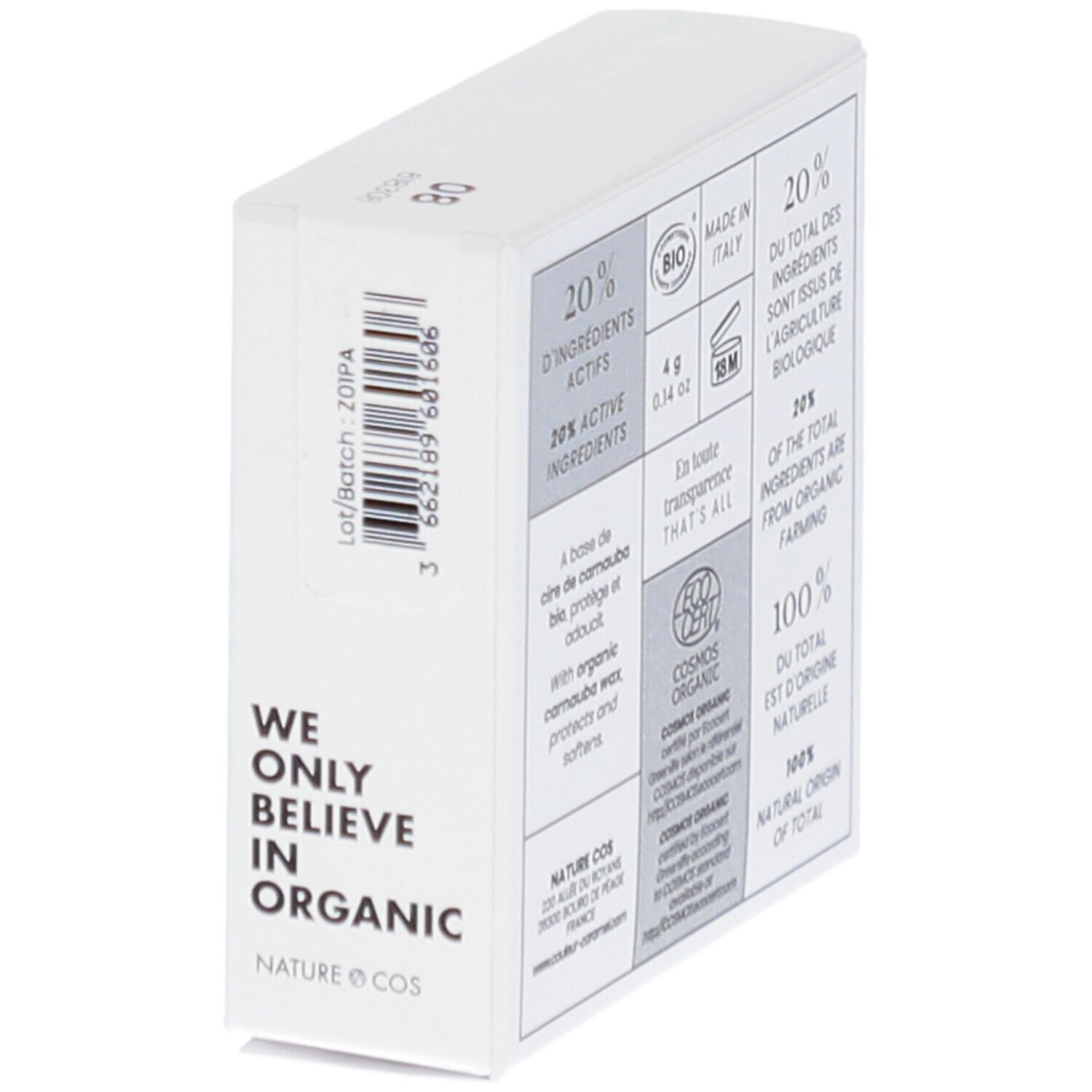 Dos de la boîte. Inscriptions: 20% ingrédients actifs, 100% d'origine naturelle. Certifications: BIO, COSMOS ORGANIC, Made in Italy.