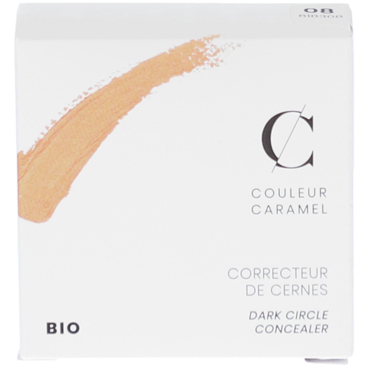 Boîte de correcteur de cernes COULEUR CARAMEL. Inscription: BIO. Couleur 08. Texte: Correcteur de cernes, Dark Circle Concealer.