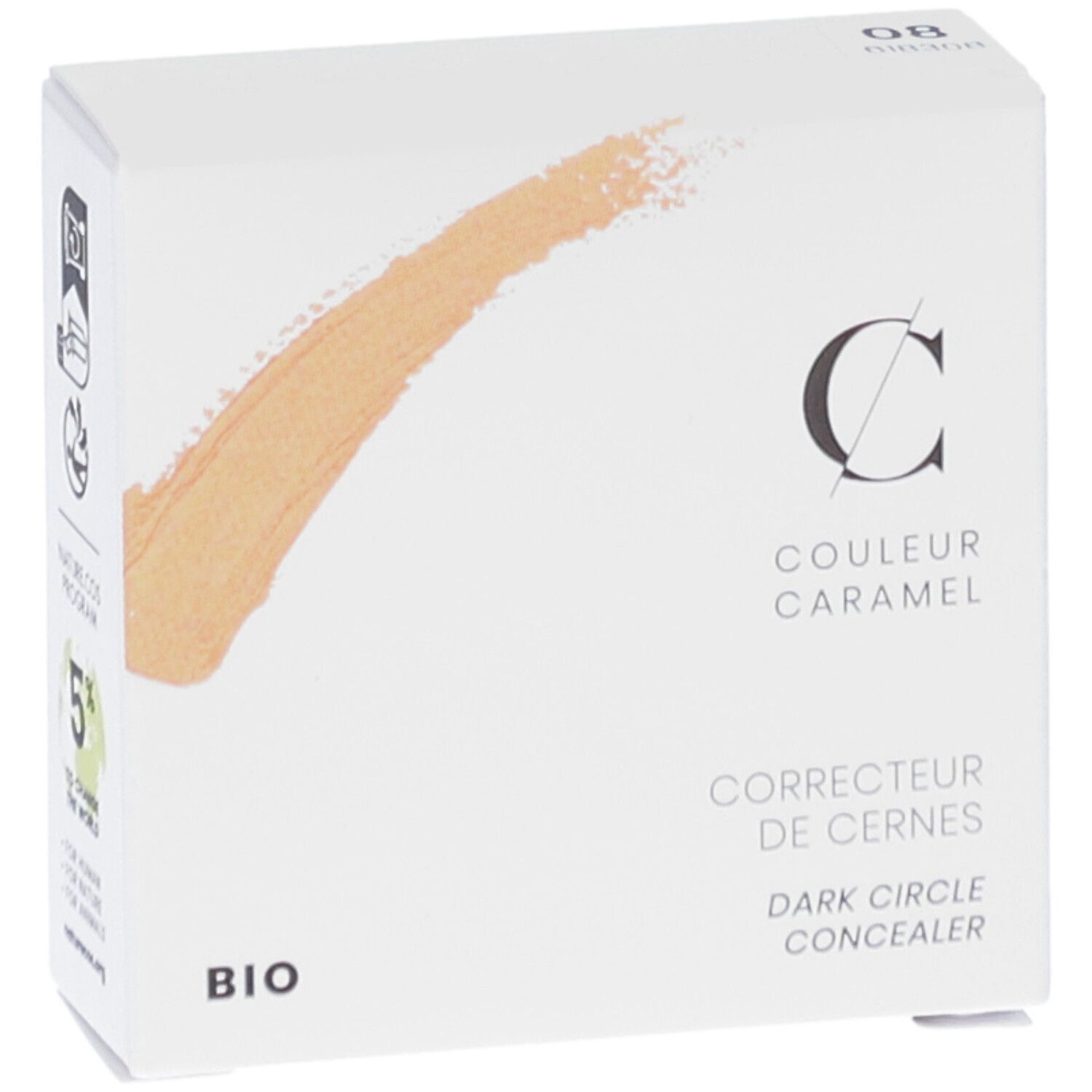 Boîte de correcteur de cernes COULEUR CARAMEL. Inscription: BIO. Texte: Correcteur de cernes, Dark Circle Concealer. Logo Nature Cos.
