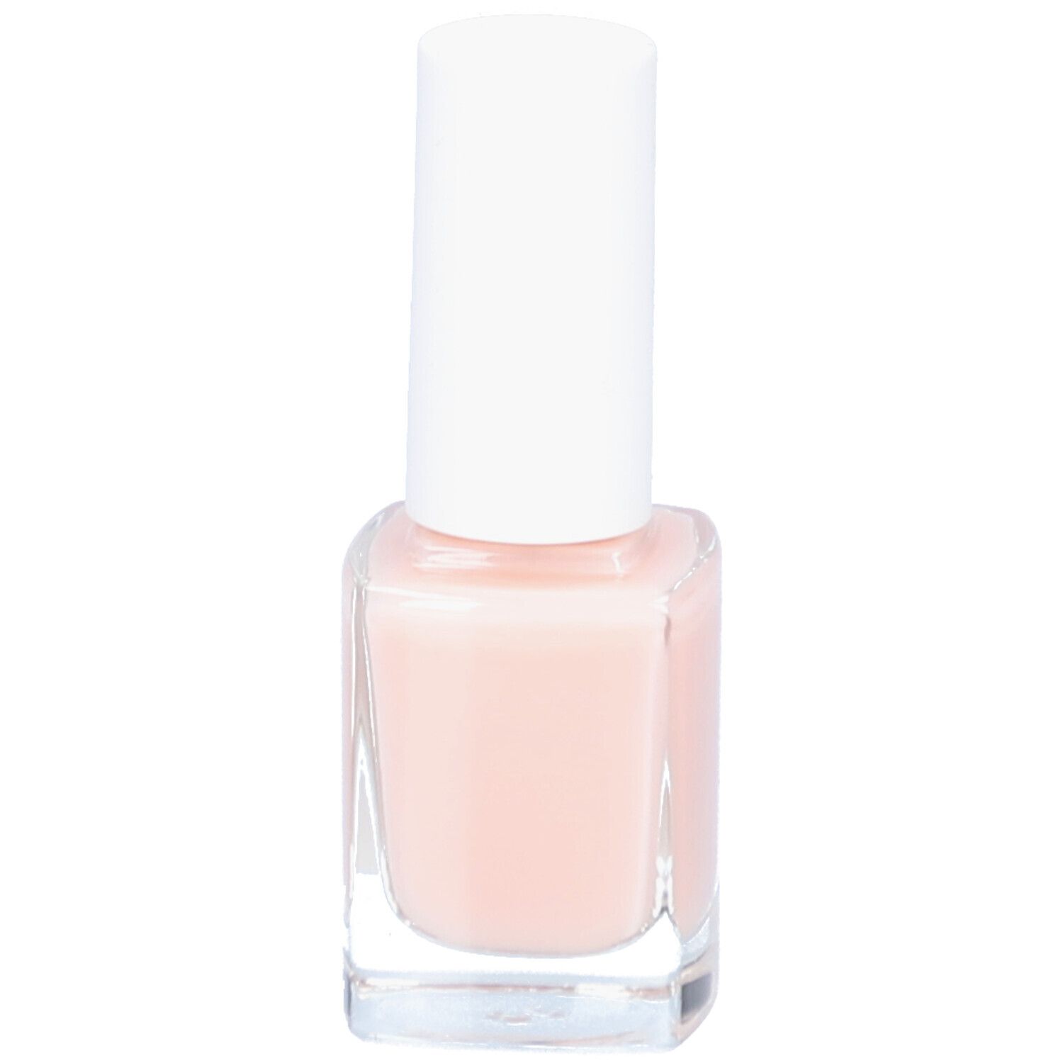 Flacon de vernis à ongles rose avec bouchon blanc. Forme carrée, flacon en verre transparent.