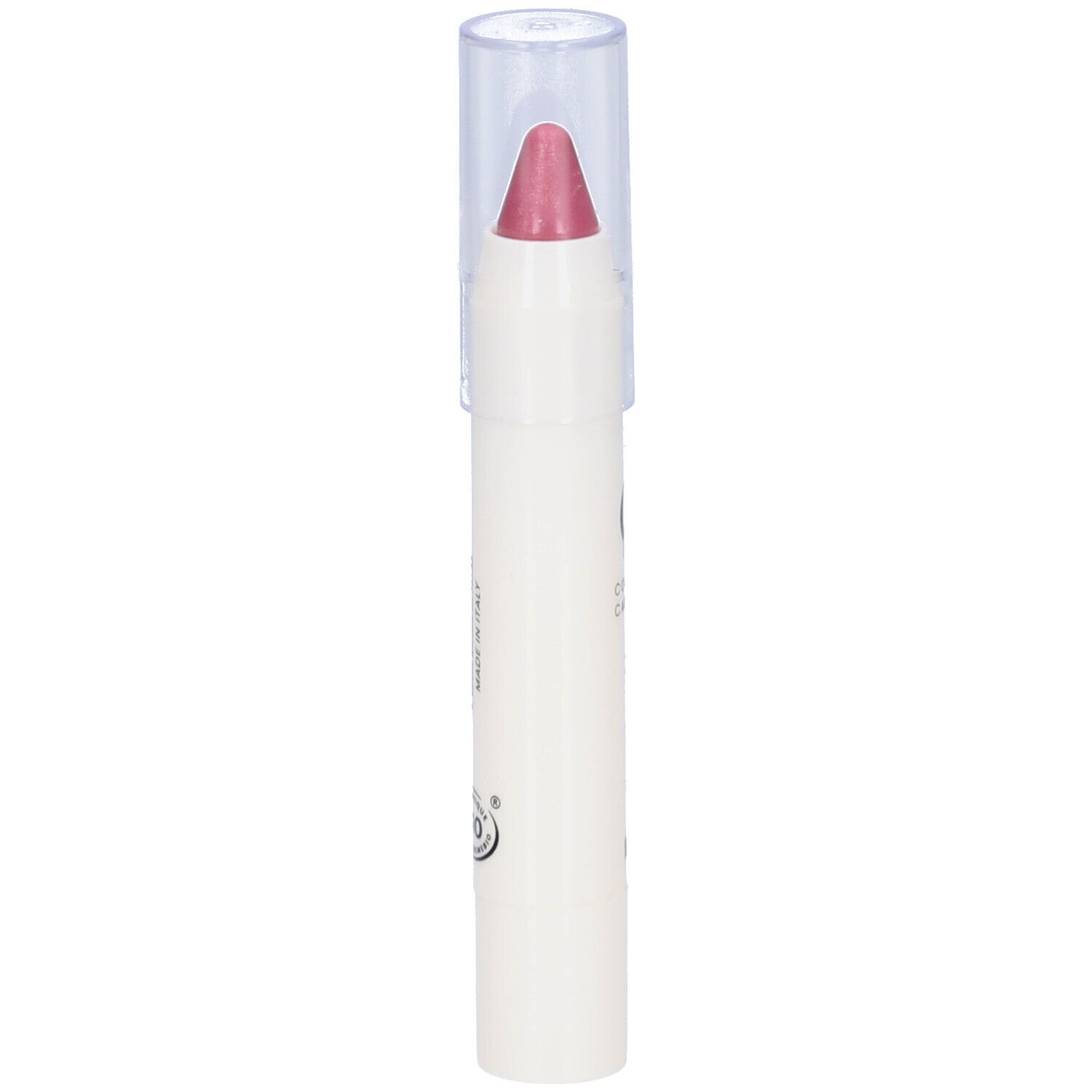 Rouge à lèvres en bâton avec capuchon transparent. Pointe rose foncé, corps blanc.