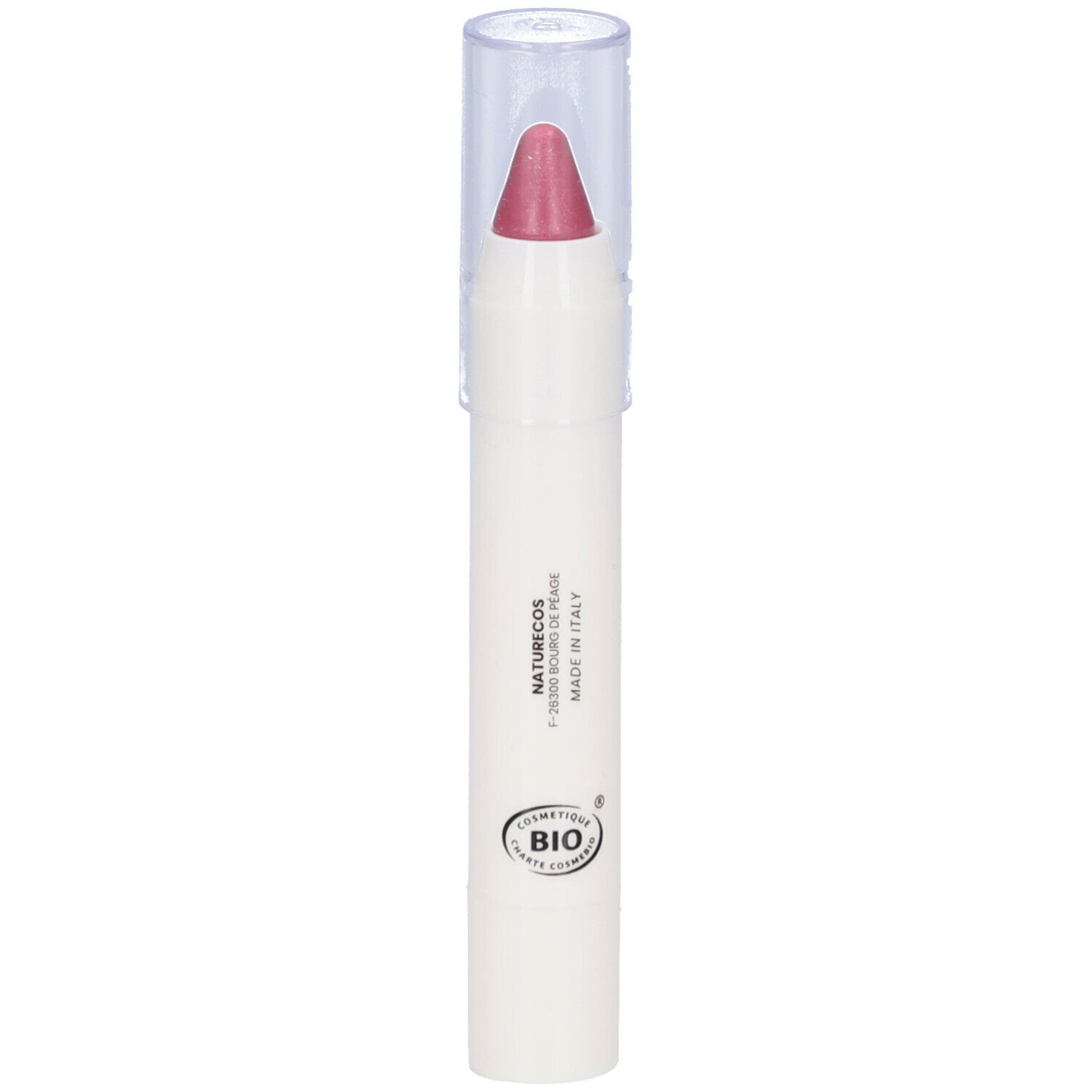 Rouge à lèvres en bâton avec capuchon transparent. Pointe rose foncé, corps blanc. Inscription.