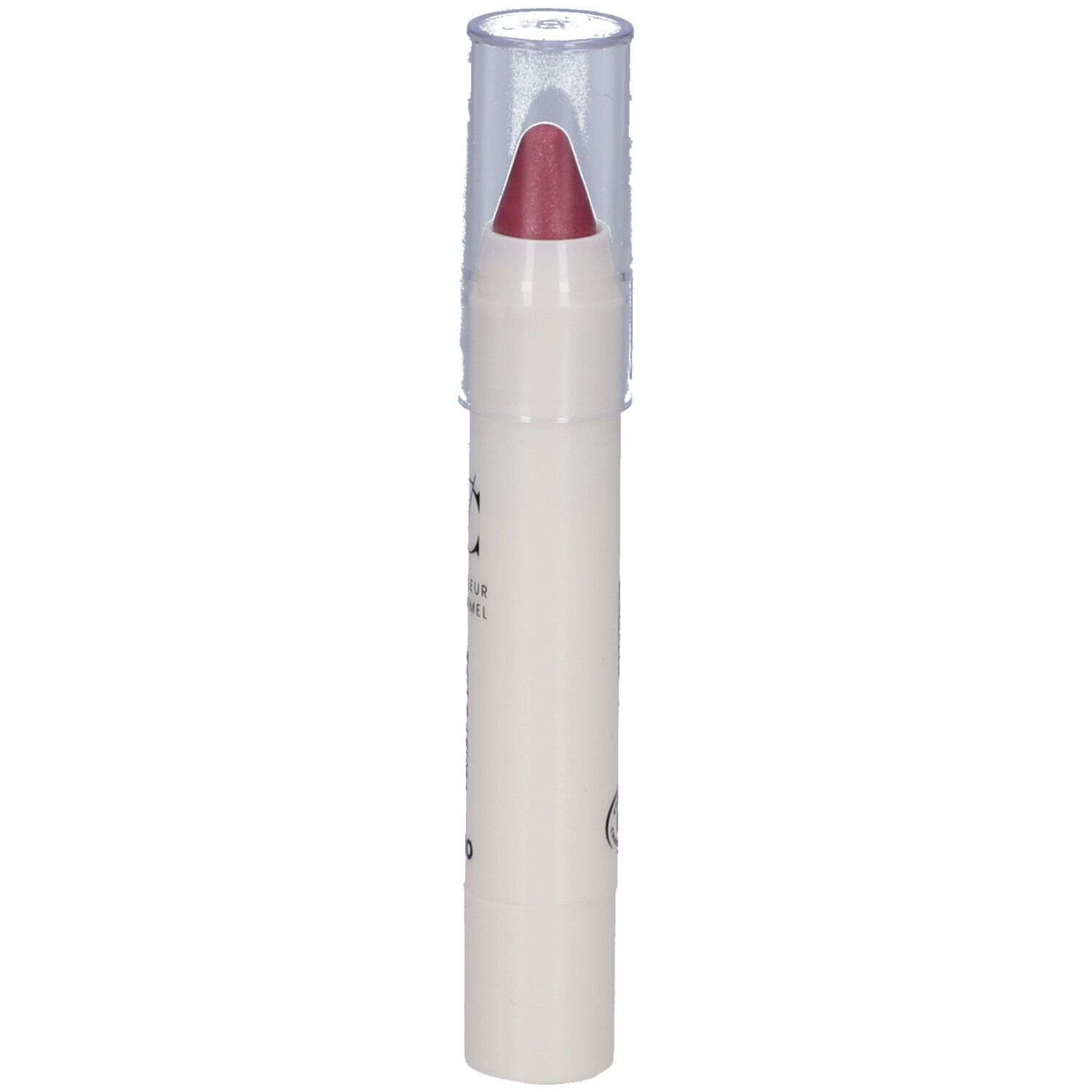 Rouge à lèvres en bâton avec capuchon transparent. Pointe rose foncé, corps blanc. Inscription.