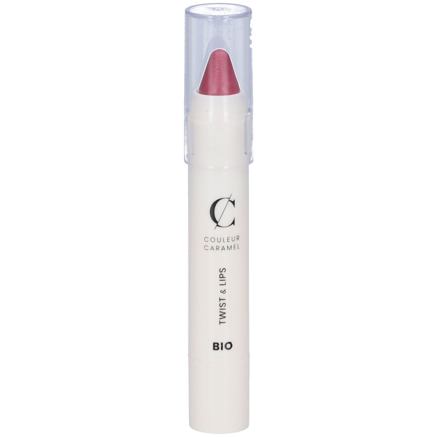 Rouge à lèvres en bâton avec capuchon transparent. Pointe rose foncé, corps blanc. Inscription.