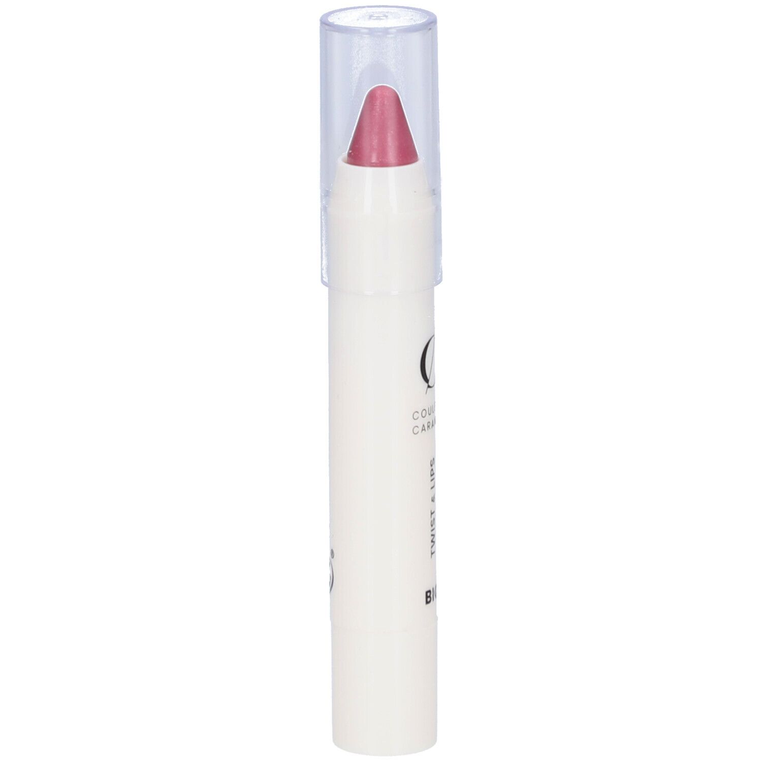 Rouge à lèvres en bâton avec capuchon transparent. Pointe rose foncé, corps blanc. Inscription.