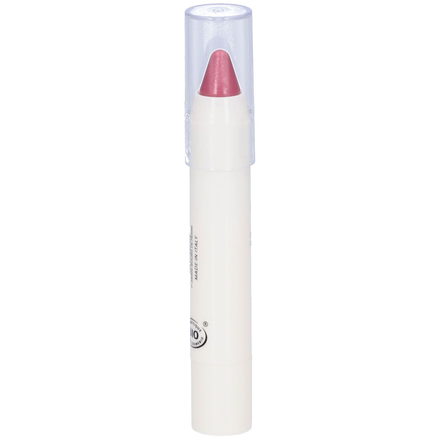 Rouge à lèvres en bâton avec capuchon transparent. Pointe rose foncé, corps blanc. Inscription.