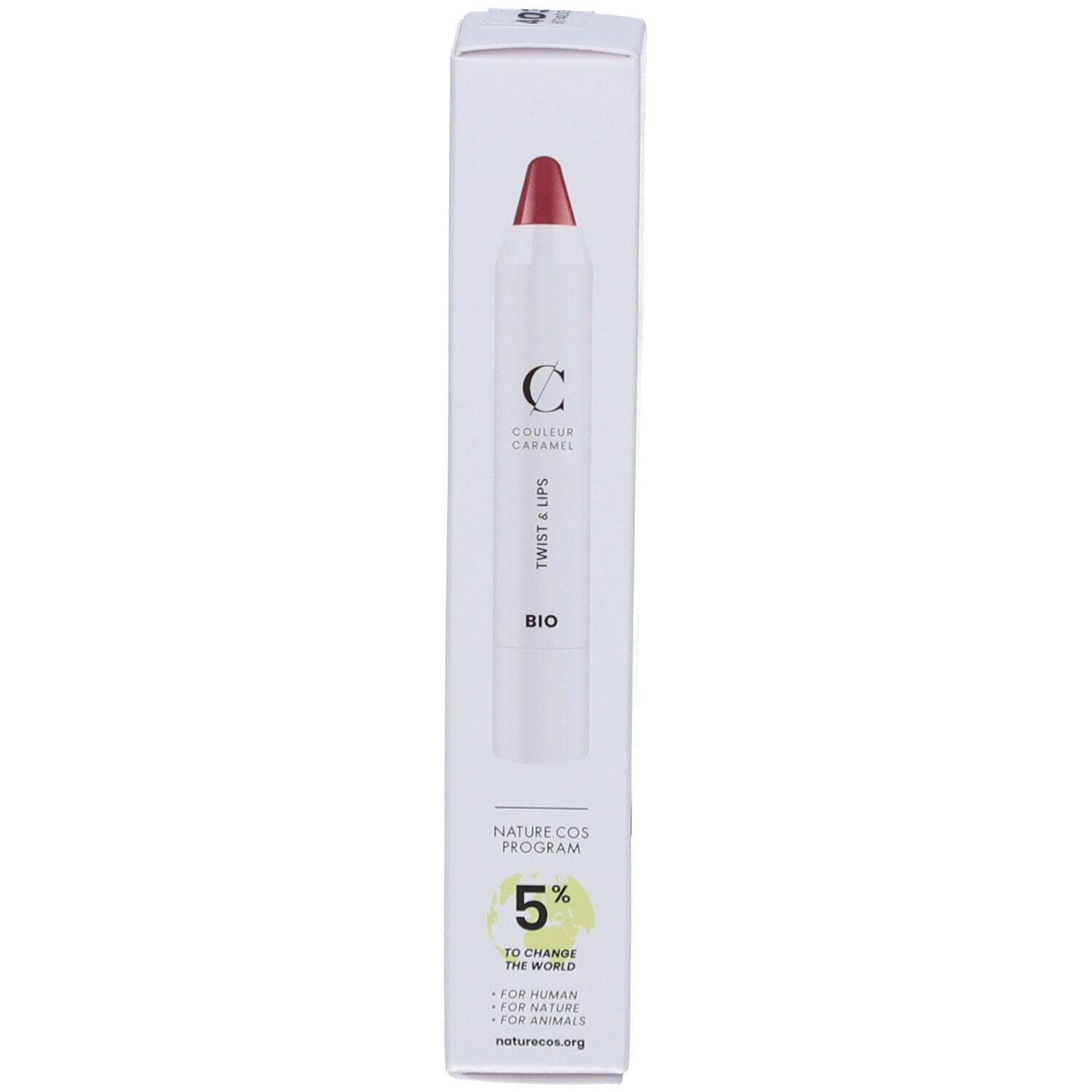 Emballage du rouge à lèvres. Blanc avec logo et image du produit. Texte: BIO, NATURE COS PROGRAM.