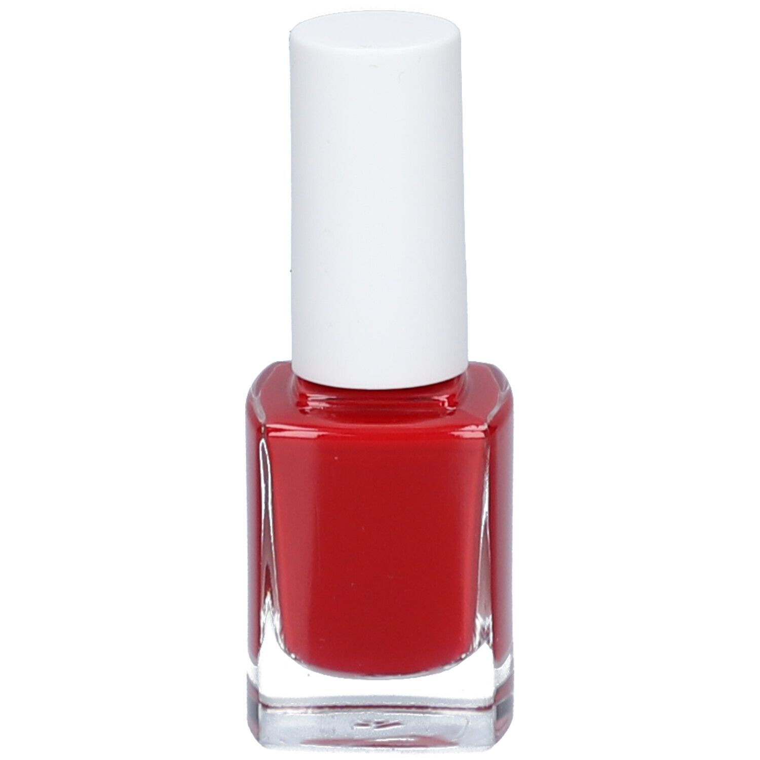 Flacon de vernis à ongles rouge avec bouchon blanc. Forme carrée, flacon en verre transparent.