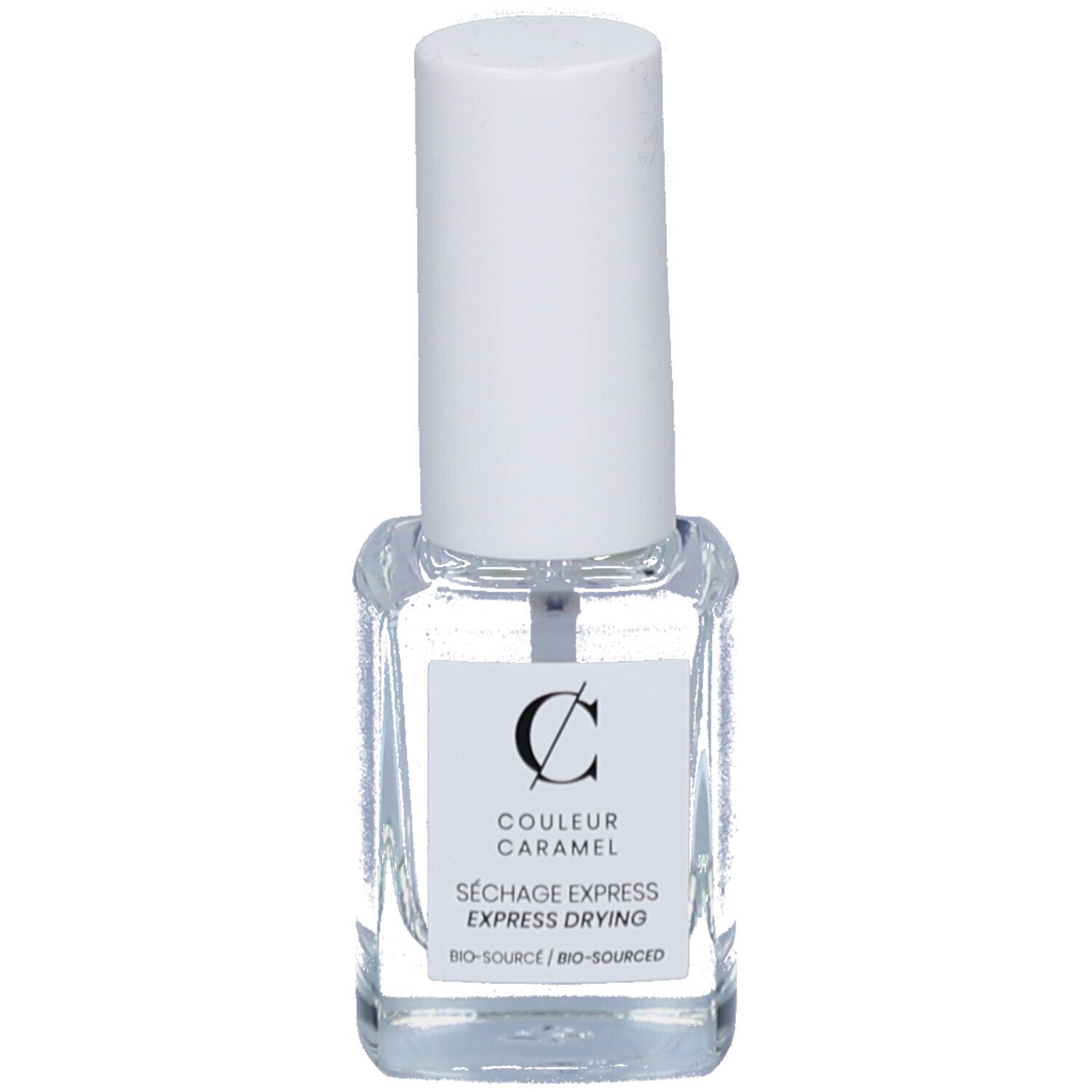 Flacon de vernis à ongles transparent avec bouchon blanc. Étiquette avec logo et texte COULEUR CARAMEL Séchage express.