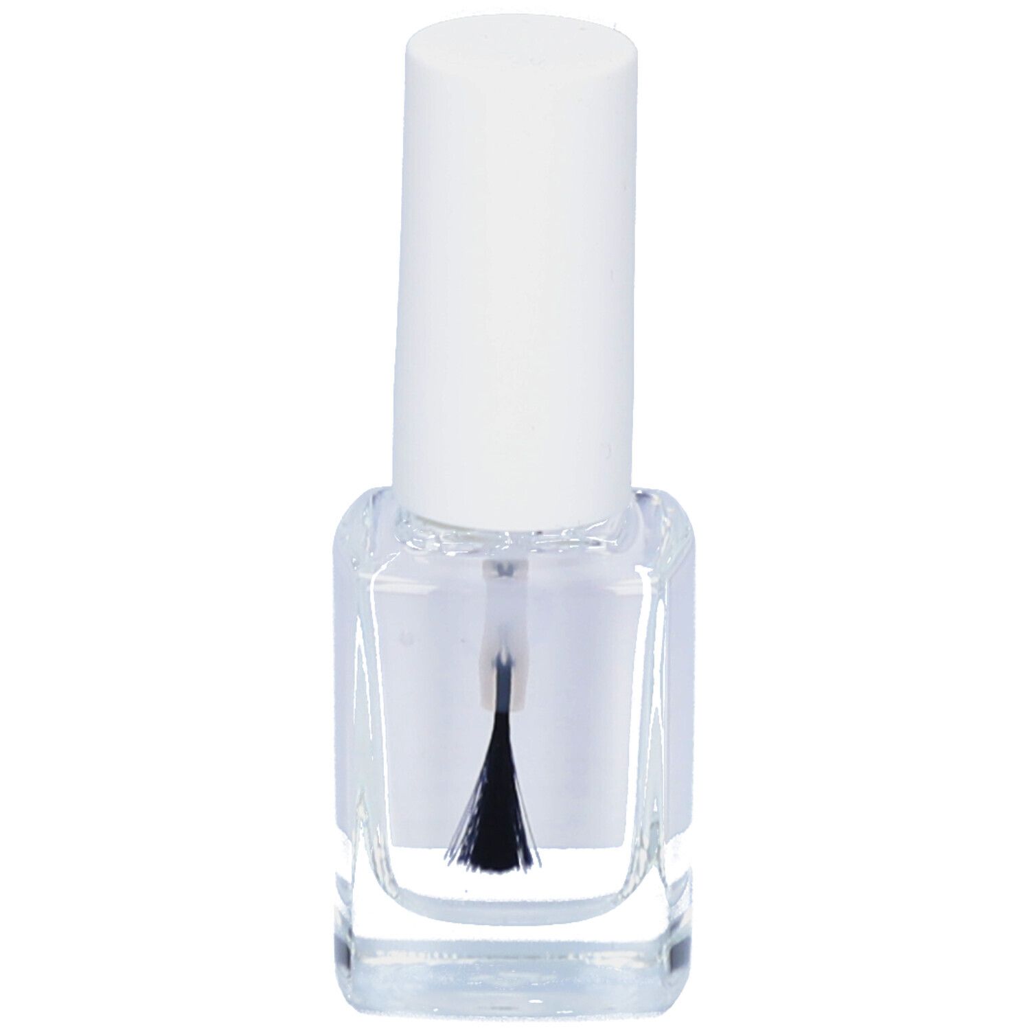 Flacon de vernis à ongles transparent avec bouchon blanc. Pinceau visible. COULEUR CARAMEL Séchage express.
