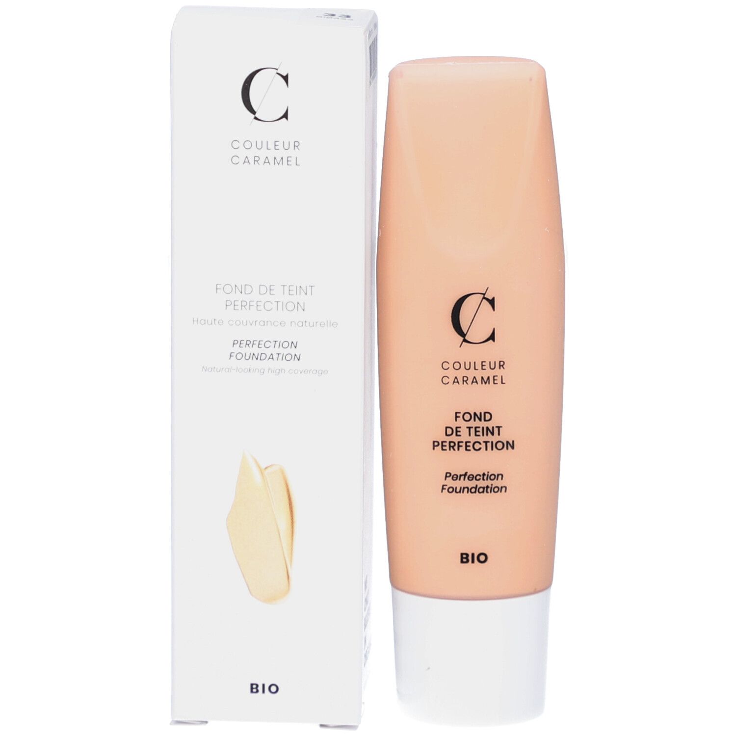 Foundation-Tube und Verpackung. Logo, Produktname und Bio-Zertifizierung.