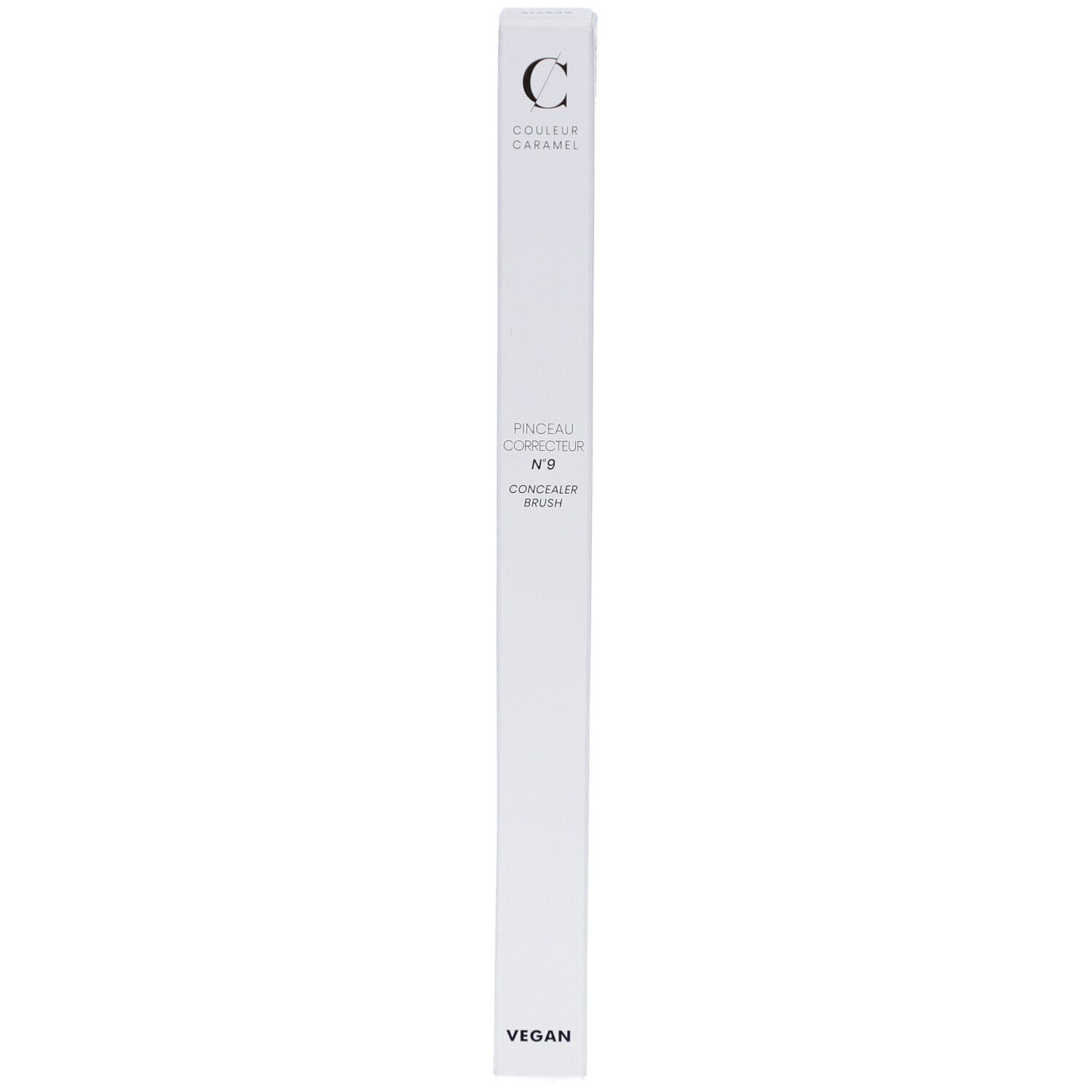 Emballage blanc avec informations produit. Logo 'COULEUR CARAMEL' et 'PINCEAU CORRECTEUR N°09'.