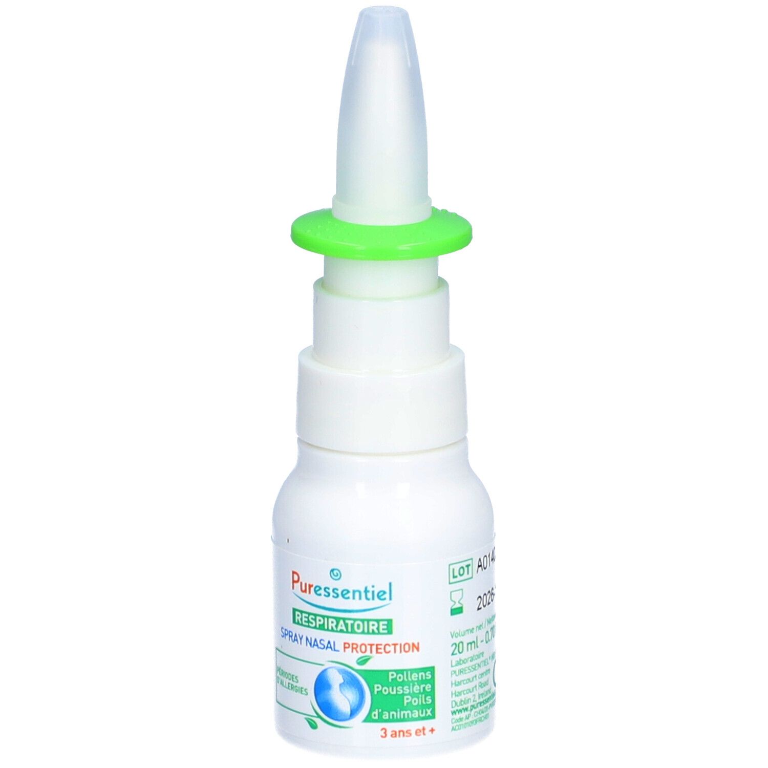 Weiße Flasche mit grünem Ring und Sprühkopf. Beschriftung: Respiratoire, Spray nasal protection. Für Kinder ab 3 Jahren. Aufdruck: 20ml.