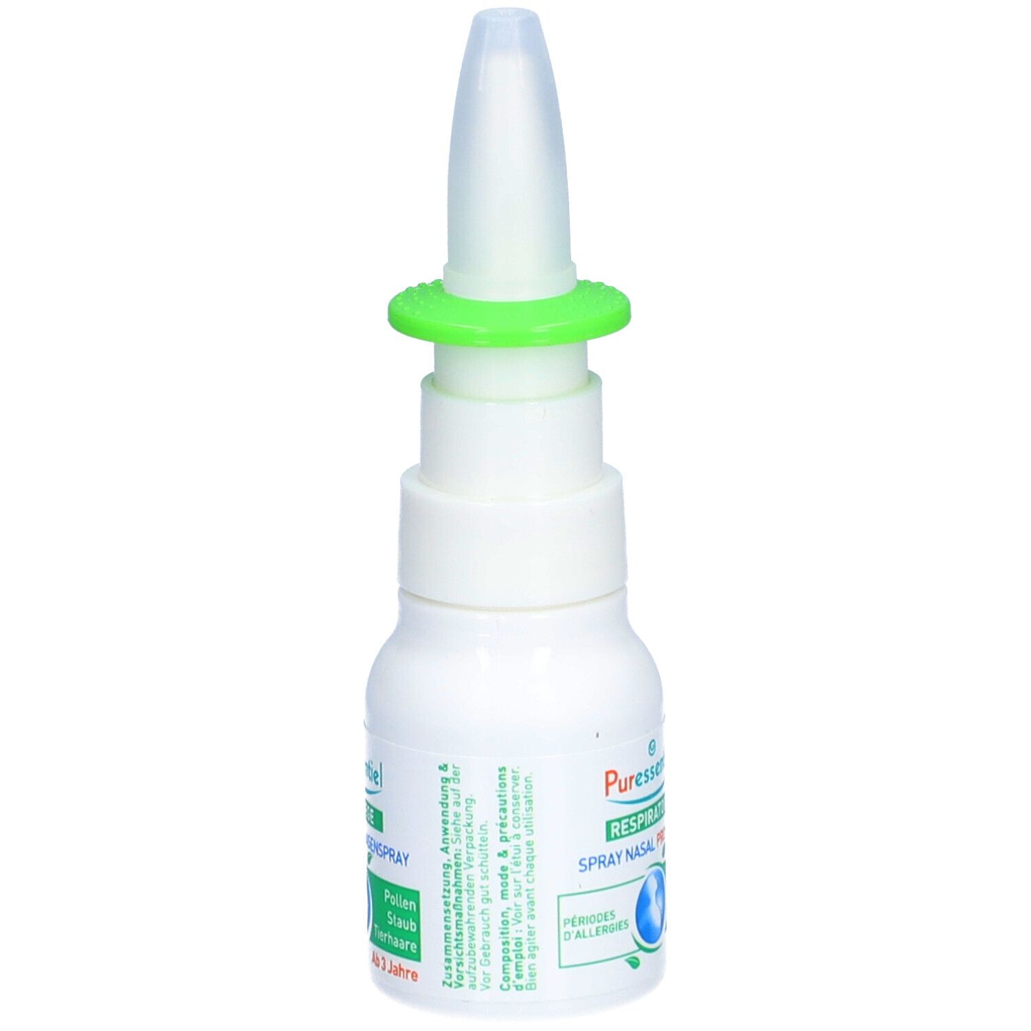 Weiße Flasche mit grünem Ring und Sprühkopf. Beschriftung: Respiratoire, Spray nasal. Für Kinder ab 3 Jahren. Aufdruck: 20ml.