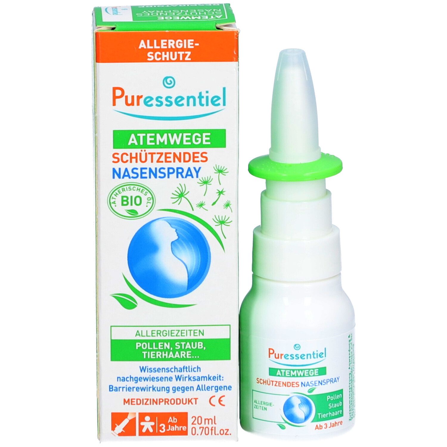 Produkt und Verpackung. Weiße Flasche mit grünem Ring und Karton. Beschriftung: Atemwege, schützendes Nasenspray, Allergiezeiten. 20ml.