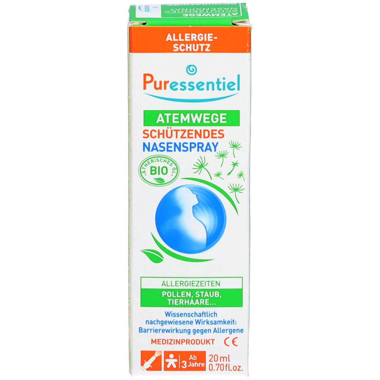 Kartonverpackung. Beschriftung: Atemwege, schützendes Nasenspray, Allergiezeiten. Aufdruck: 20ml, CE-Zeichen, für Kinder ab 3 Jahren.