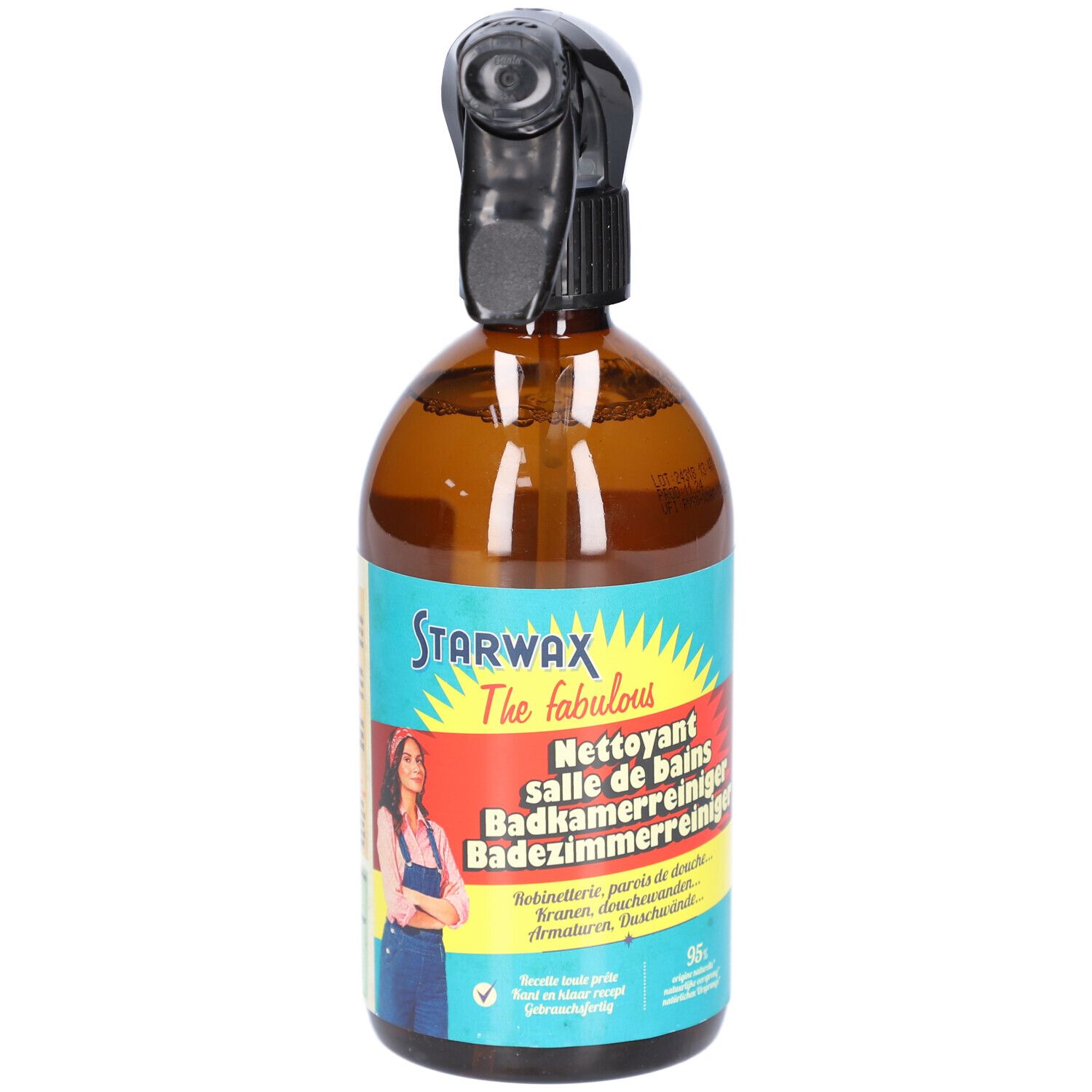 Braune Sprühflasche mit schwarzem Sprühkopf. Aufschrift STARWAX The fabulous. Etikett mit Frau und Produktnamen.