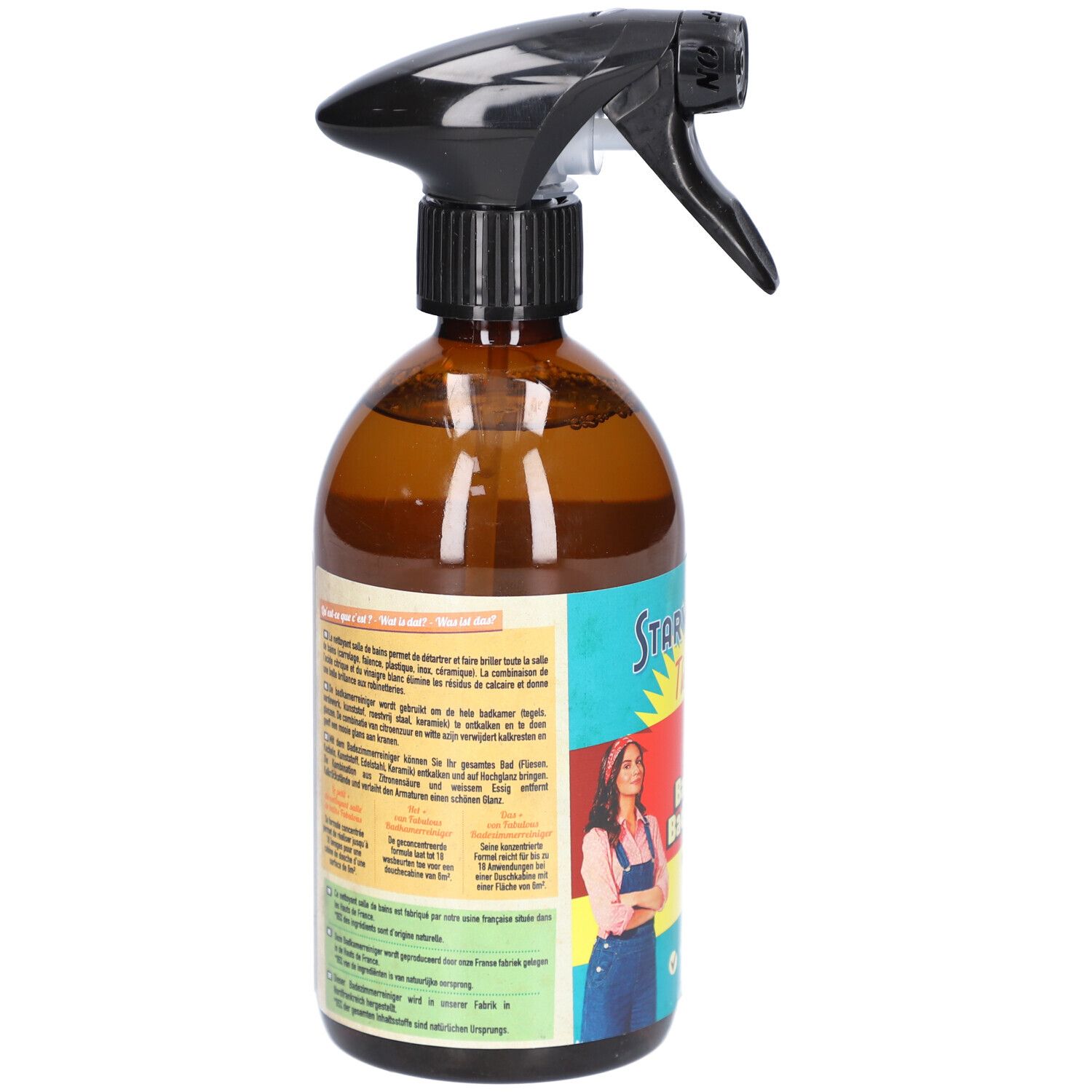 Braune Sprühflasche mit schwarzem Sprühkopf. Rückseite mit Text und Etikett. Produktname und Informationen.