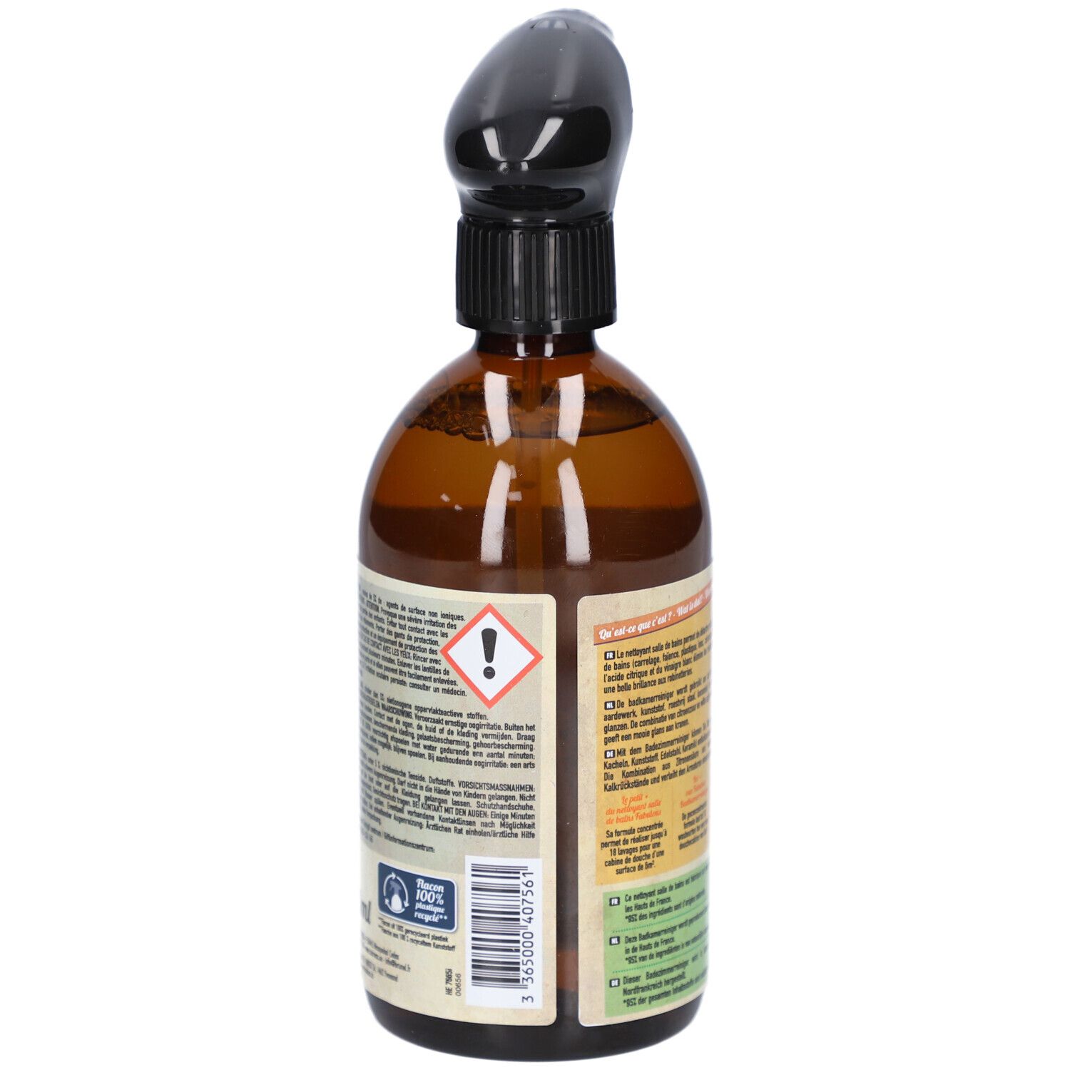 Braune Sprühflasche mit schwarzem Sprühkopf. Rückseite mit Text und Warnhinweisen. Produktinformationen.