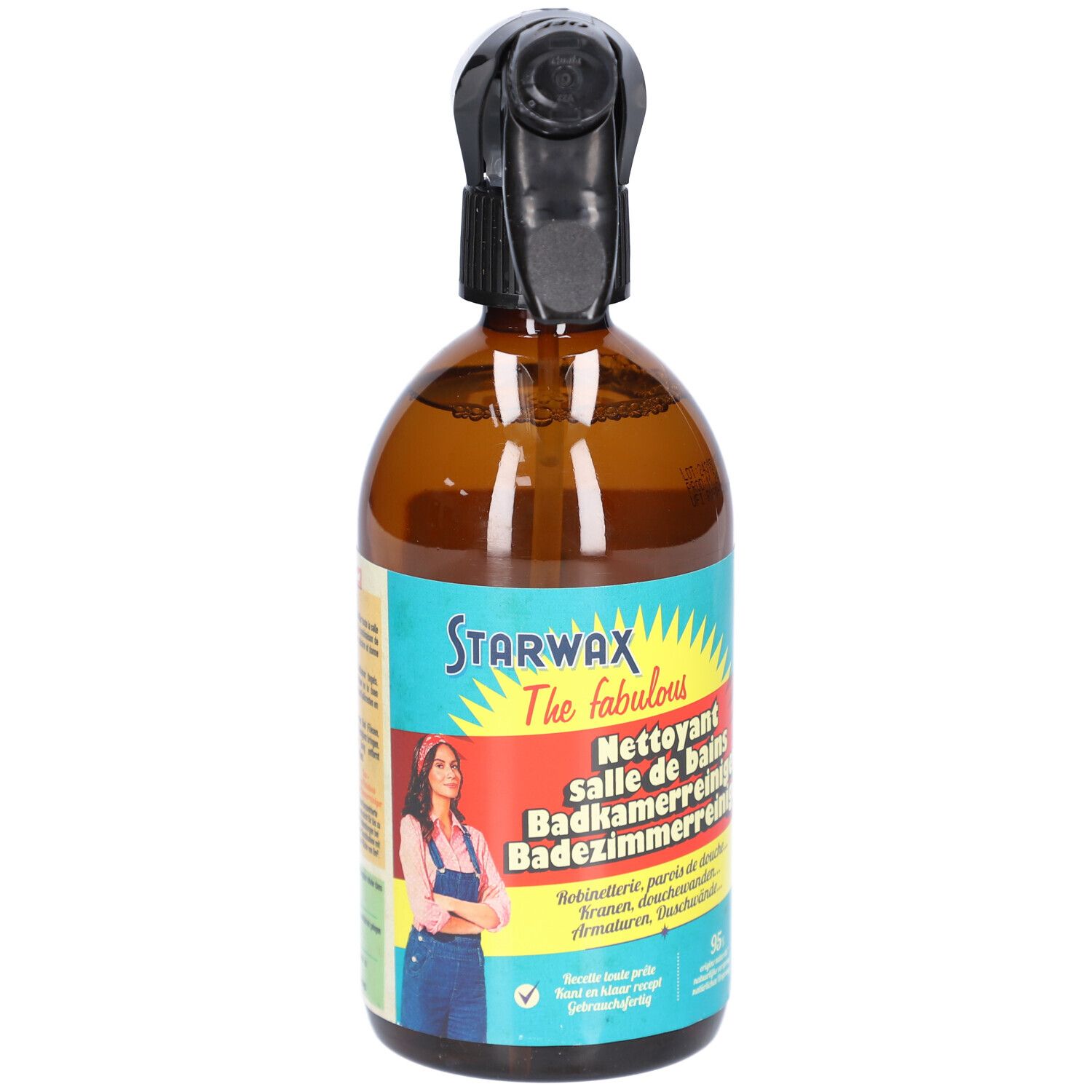 Braune Sprühflasche mit schwarzem Sprühkopf. Aufschrift STARWAX The fabulous. Etikett mit Produktnamen.