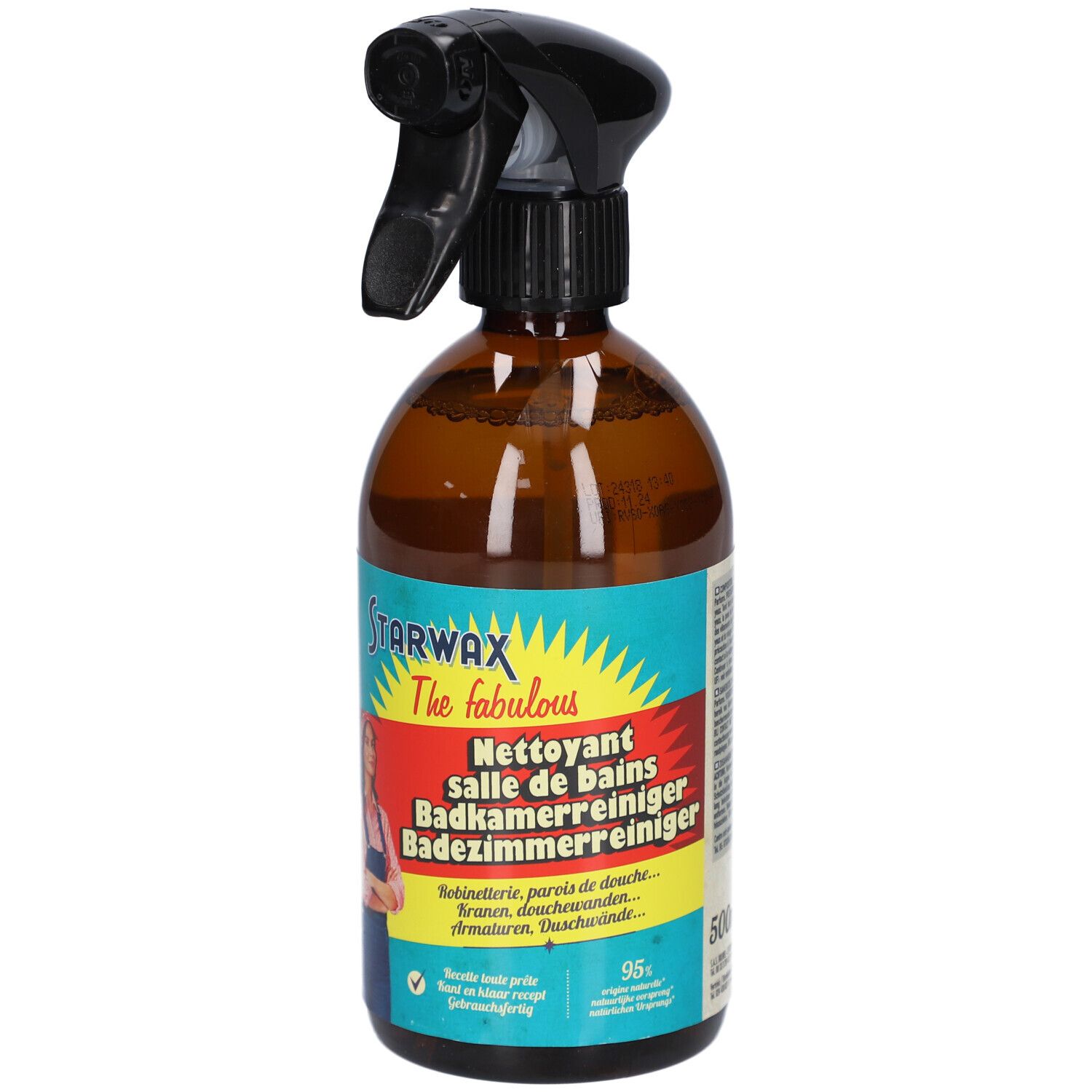 Braune Sprühflasche mit schwarzem Sprühkopf. Aufschrift STARWAX The fabulous. Etikett mit Produktnamen und Frau.
