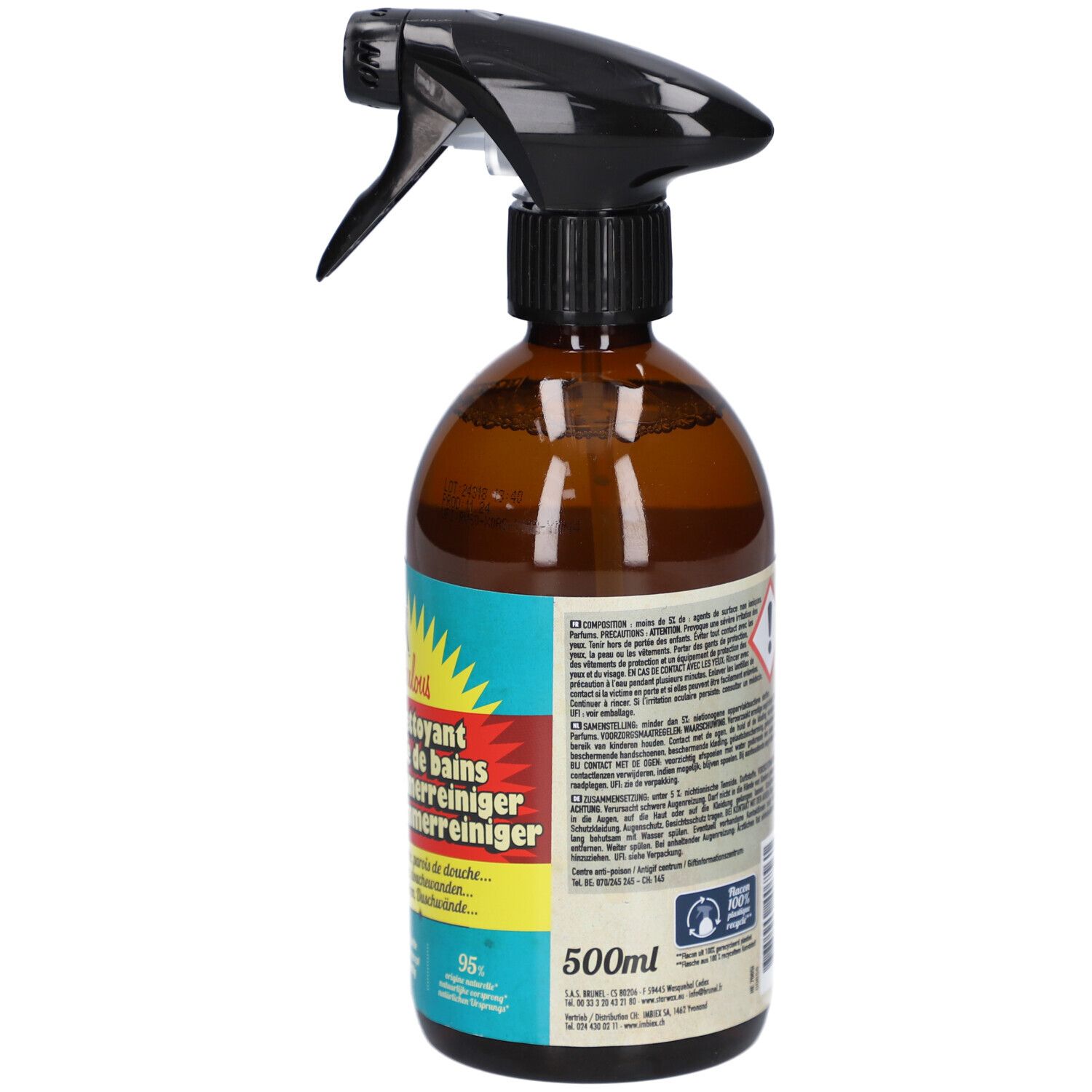 Braune Sprühflasche mit schwarzem Sprühkopf. Rückseite mit Text und Volumenangabe 500ml. Produktinformationen.