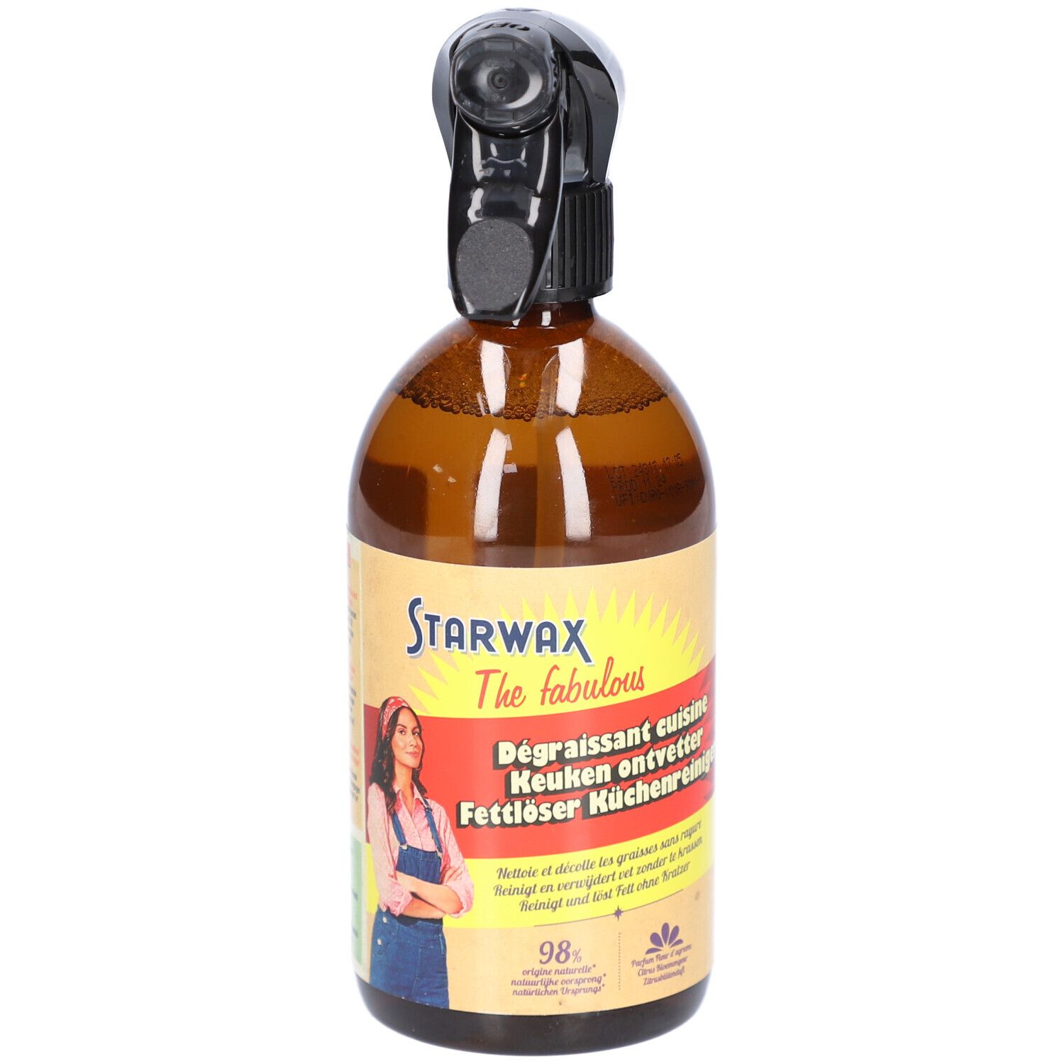Braune Sprühflasche mit schwarzem Sprühkopf. Etikett mit Produktnamen und Frau. Fettlöser für die Küche.