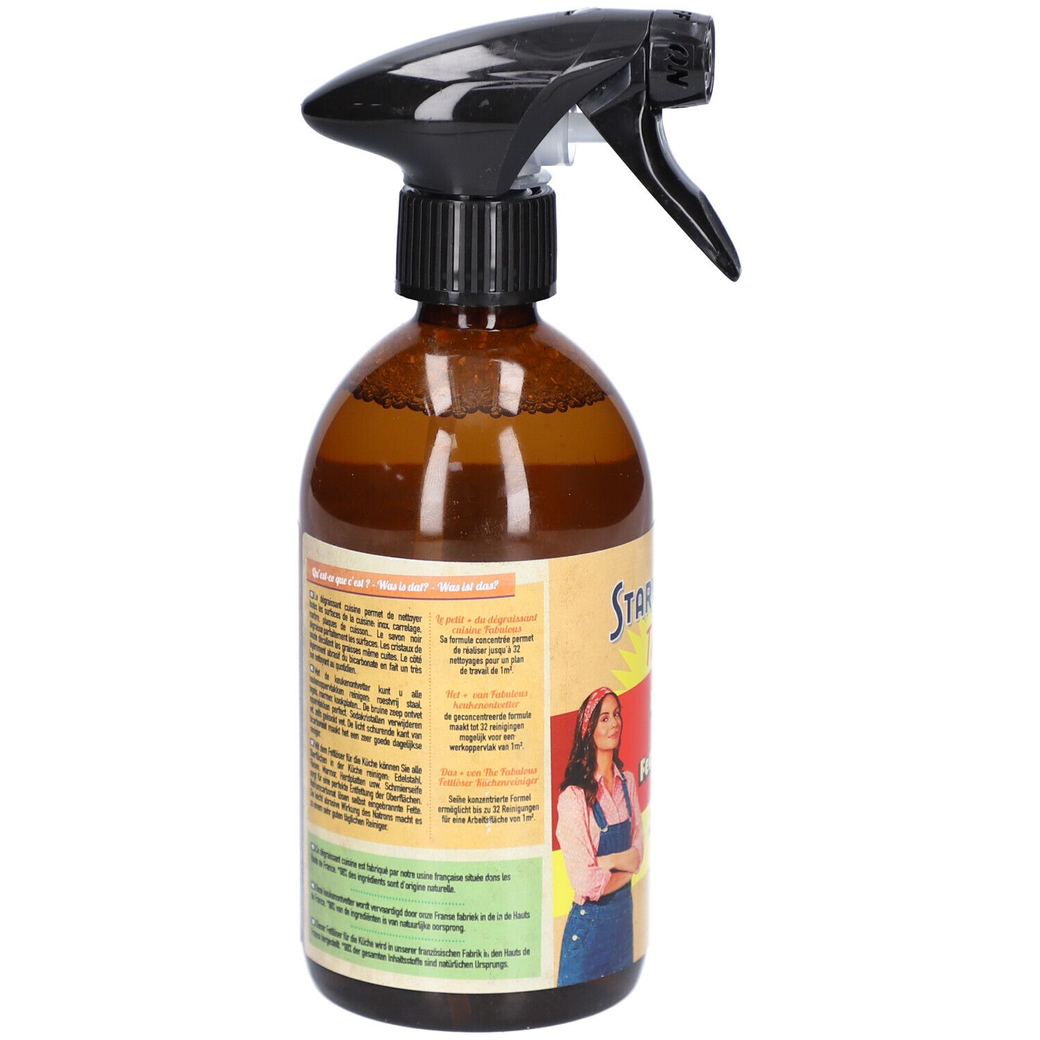 Rückseite der braunen Sprühflasche. Text auf Etikett. Schwarzer Sprühkopf. Produktinformationen.