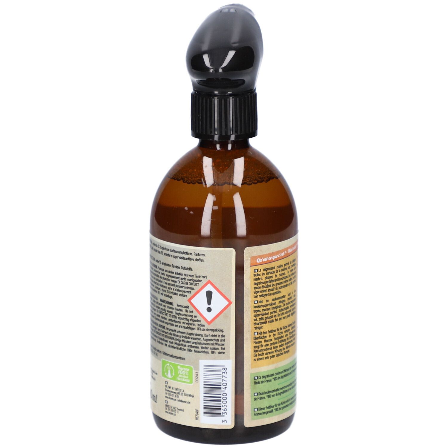 Rückseite der braunen Sprühflasche. Text auf Etikett. Schwarzer Sprühkopf. Warnhinweis.