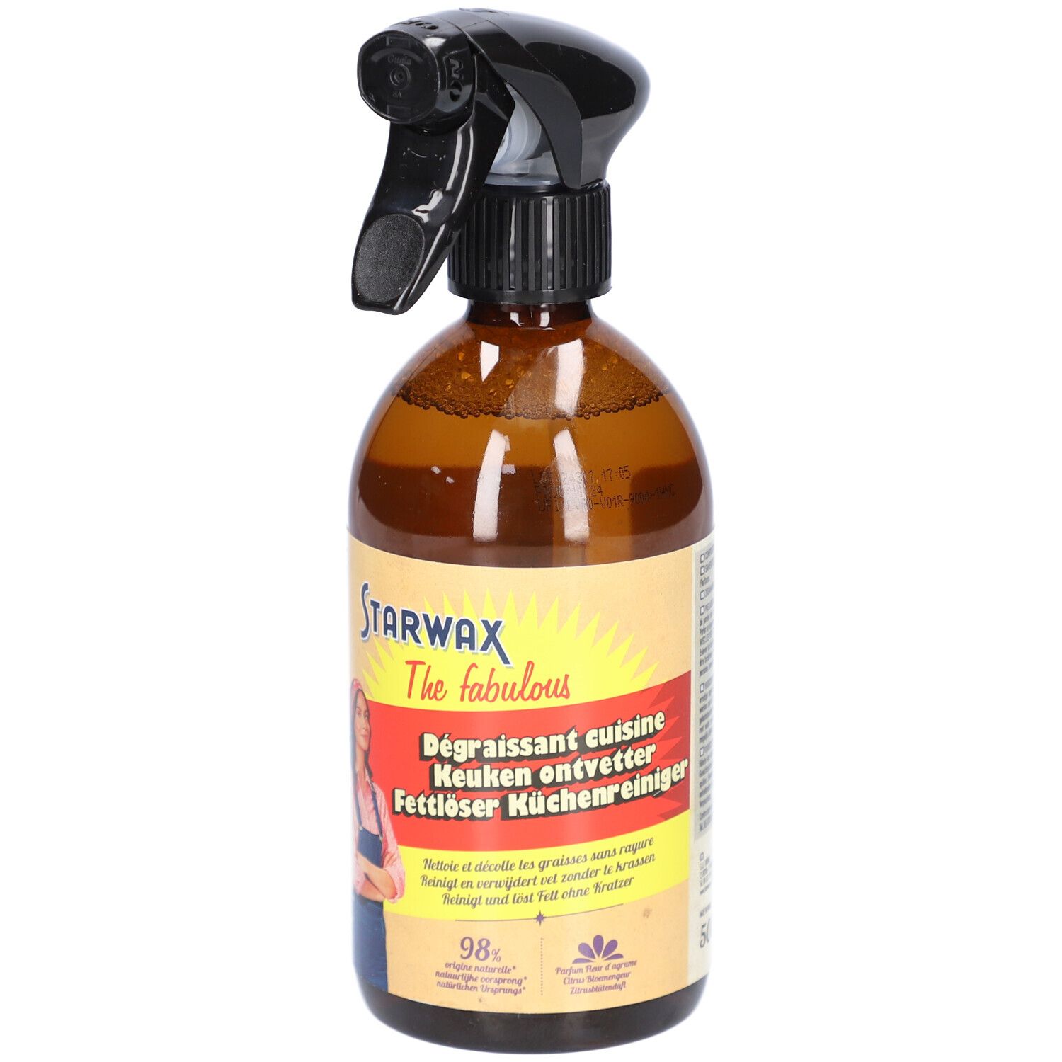 Braune Sprühflasche mit schwarzem Sprühkopf. Etikett mit Produktnamen und Frau. Fettlöser für die Küche.