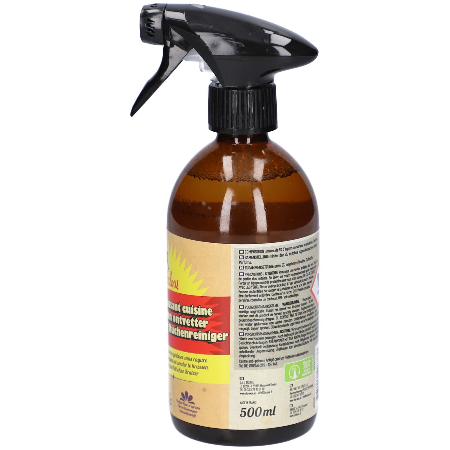Rückseite der braunen Sprühflasche. Text auf Etikett. Schwarzer Sprühkopf. 500ml.