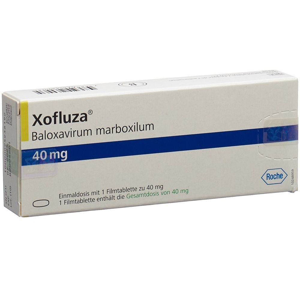 Weiße Schachtel mit blauer Linie. Aufschrift: Xofluza, Baloxavirum marboxilum, 40 mg. Enthält 1 Filmtablette. Roche-Logo.