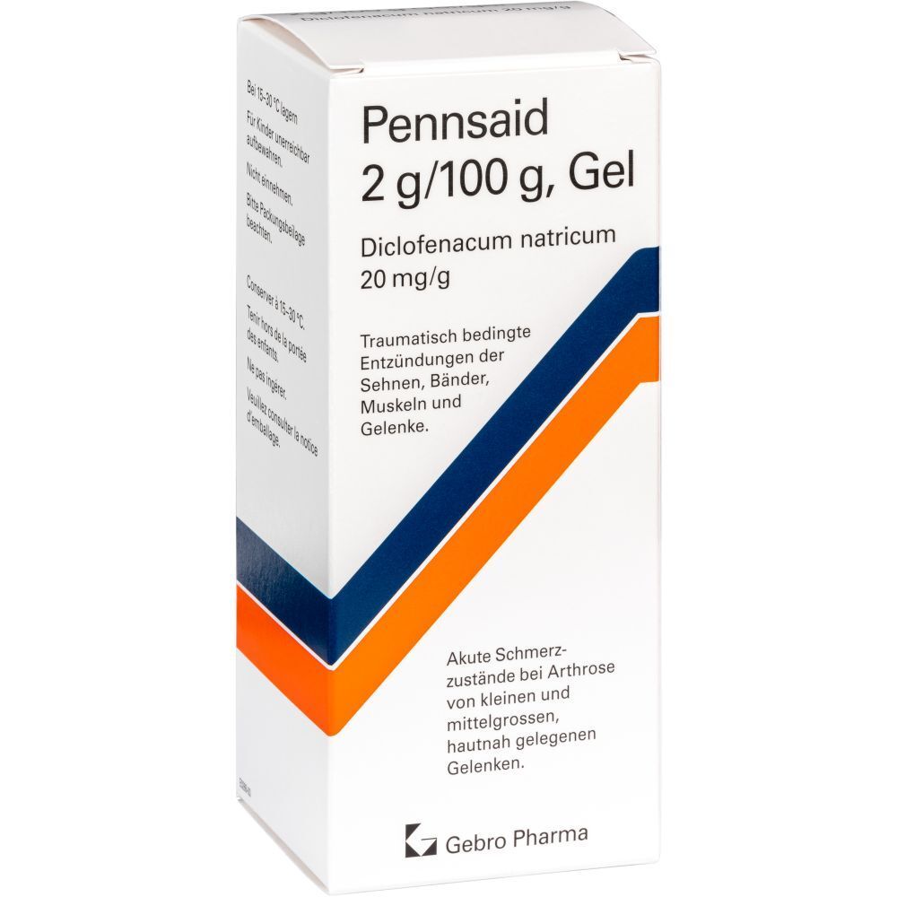 Weiße Schachtel mit blauen und orangen Streifen. Aufschrift: Pennsaid 2 g/100 g, Gel. Enthält Diclofenacum natricum. Gebro Pharma Logo.