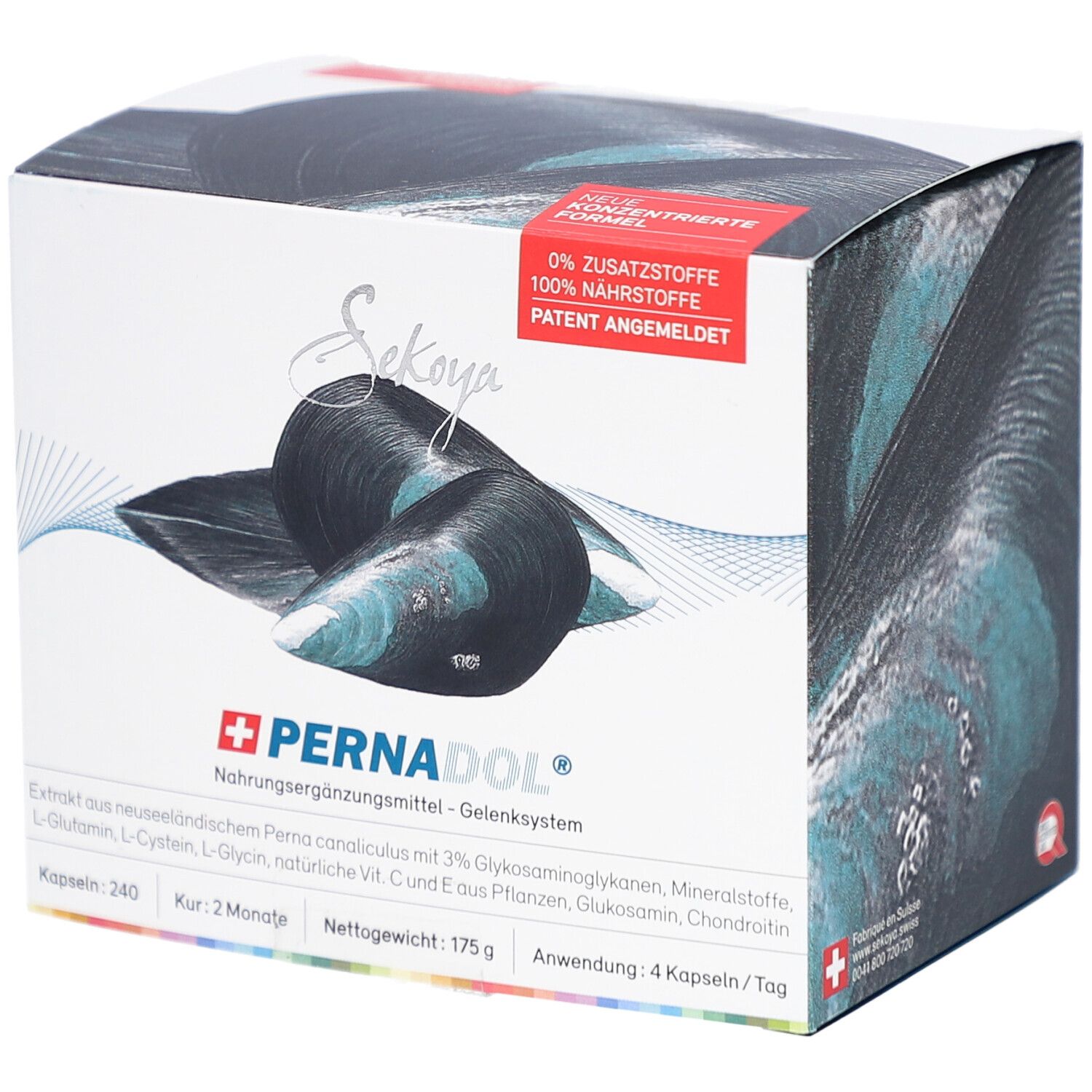 Boîte de Pernadol®. Illustration de moules. Informations produit et 340 gélules. 175g. Brevet en instance.