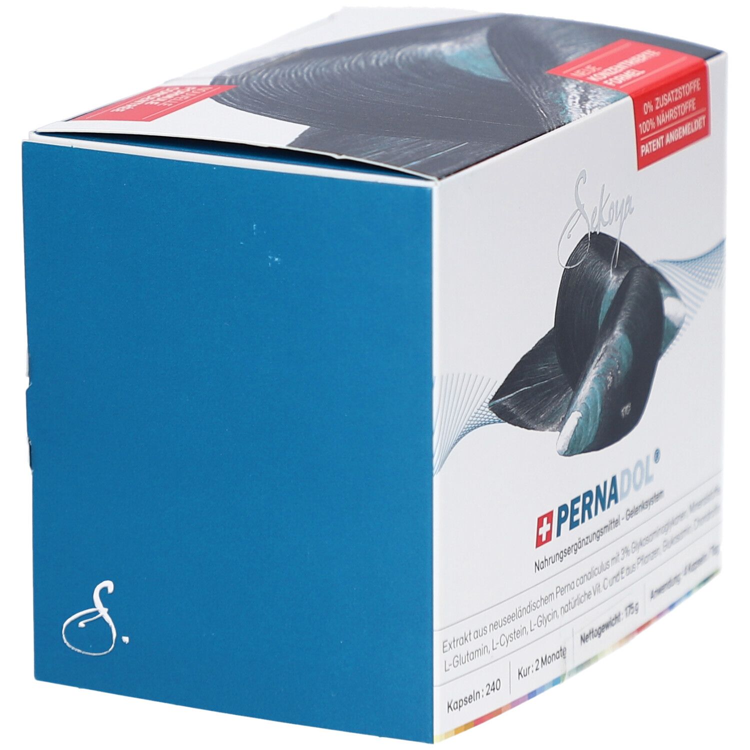 Boîte Pernadol®. Boîte bleue avec illustration de moules et informations produit. Contient 240 gélules.