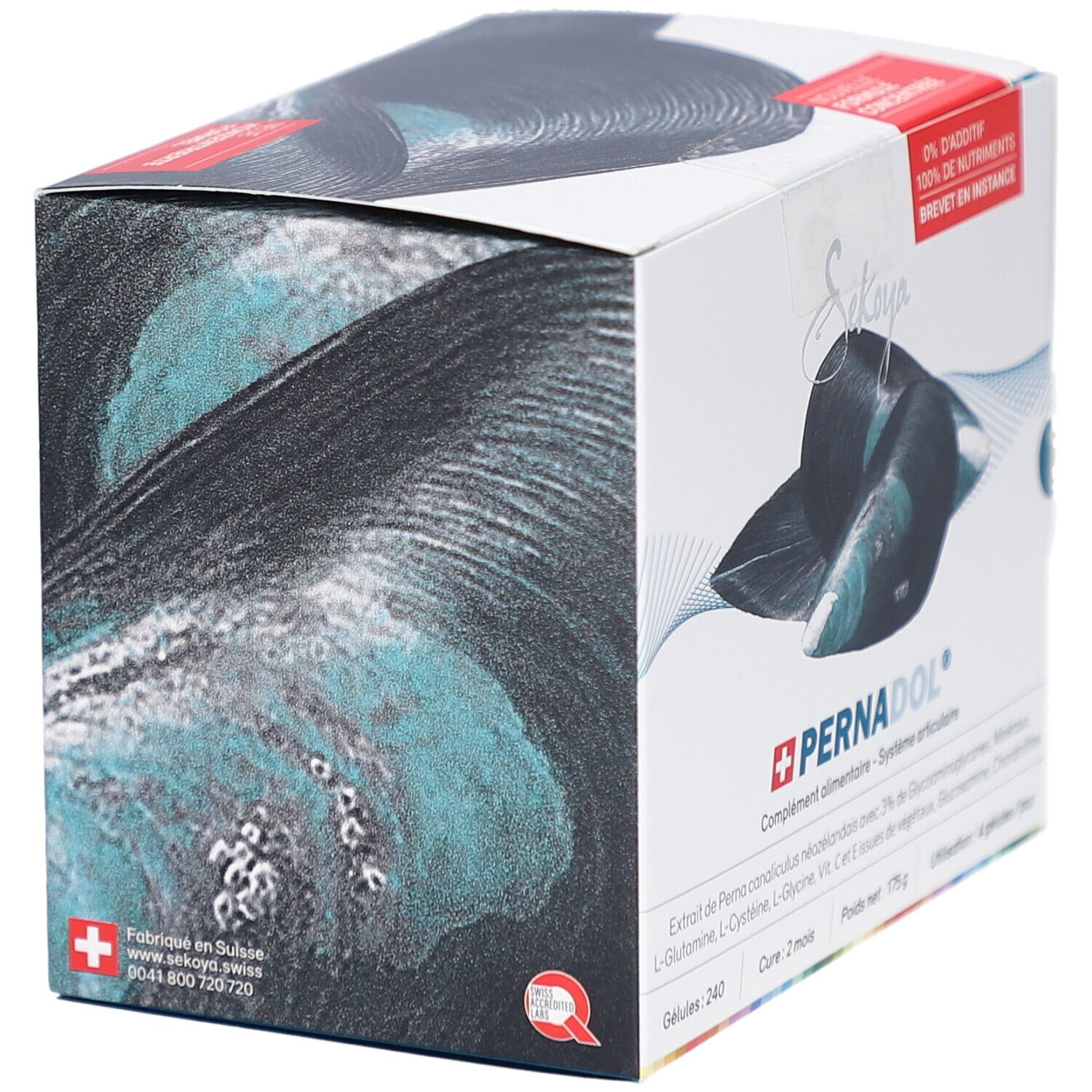 Boîte de Pernadol®. Illustration de moules. Informations produit et 240 gélules. 175g. Label de qualité suisse.