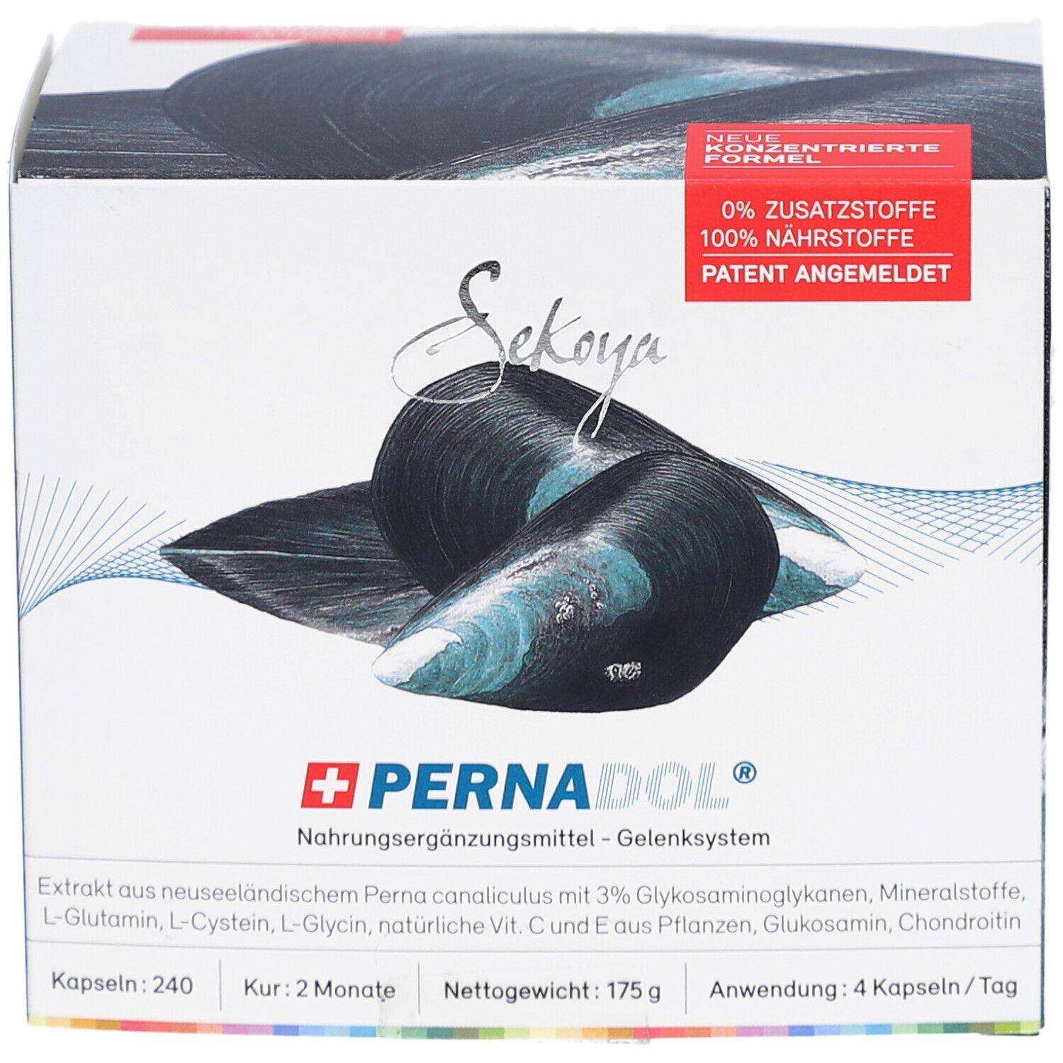 Boîte de Pernadol®. Illustration de moules. Informations produit et 240 gélules. 175g. Brevet en instance.