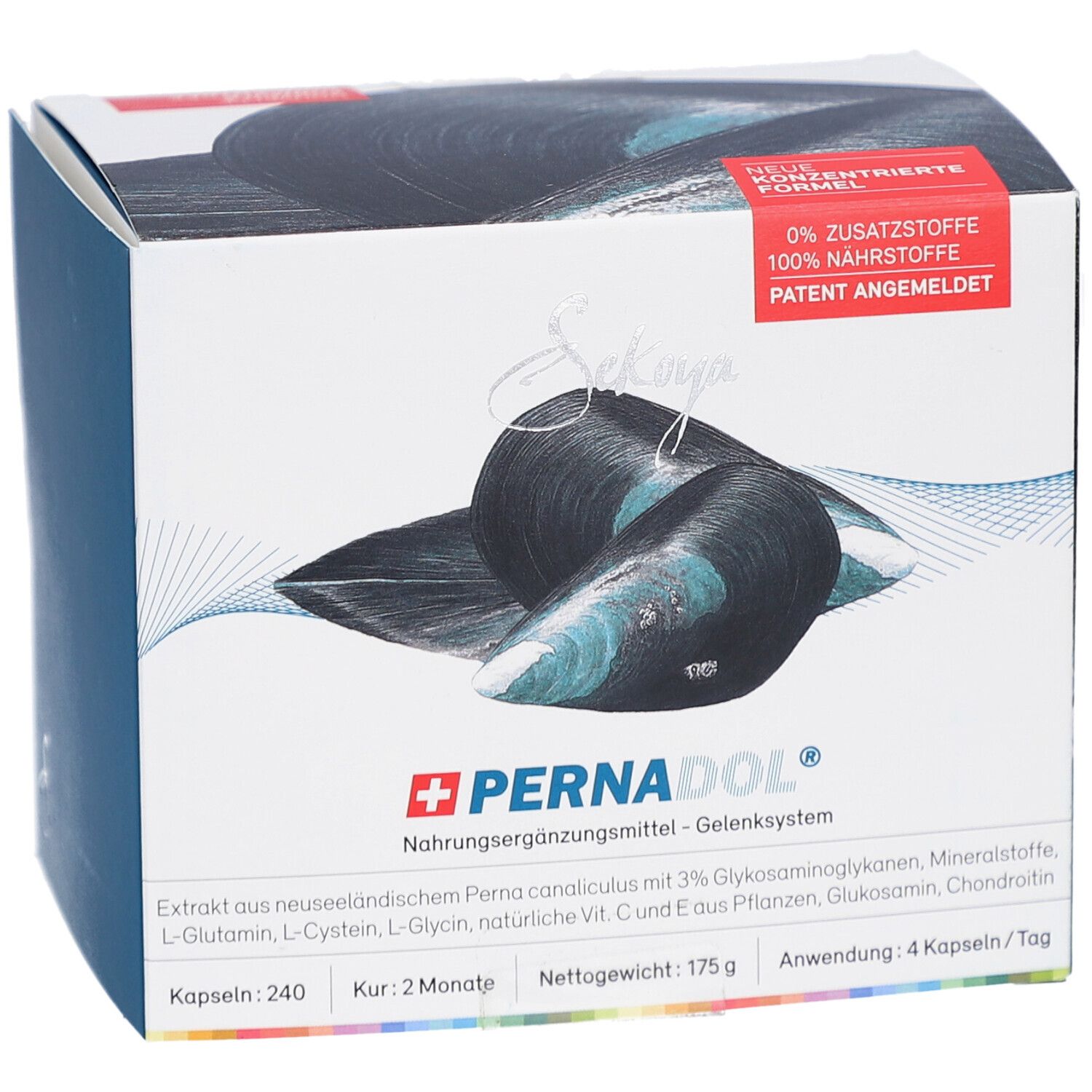 Boîte de Pernadol®. Illustration de moules. Informations produit et 240 gélules. 175g. Brevet en instance.