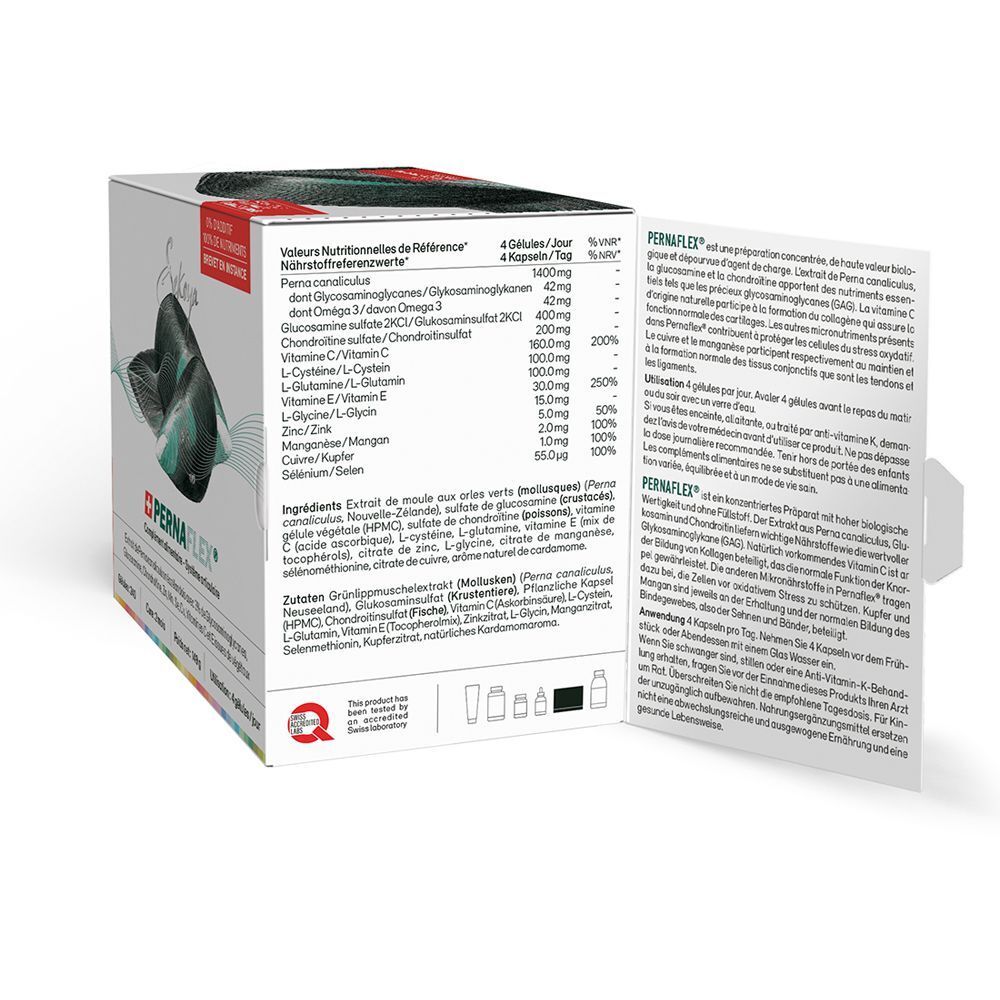 Geöffnete Verpackung von Sekoya Swiss Pernaflex Gelenk-Komplex. Nährwerttabelle und Inhaltsstoffe sind sichtbar.