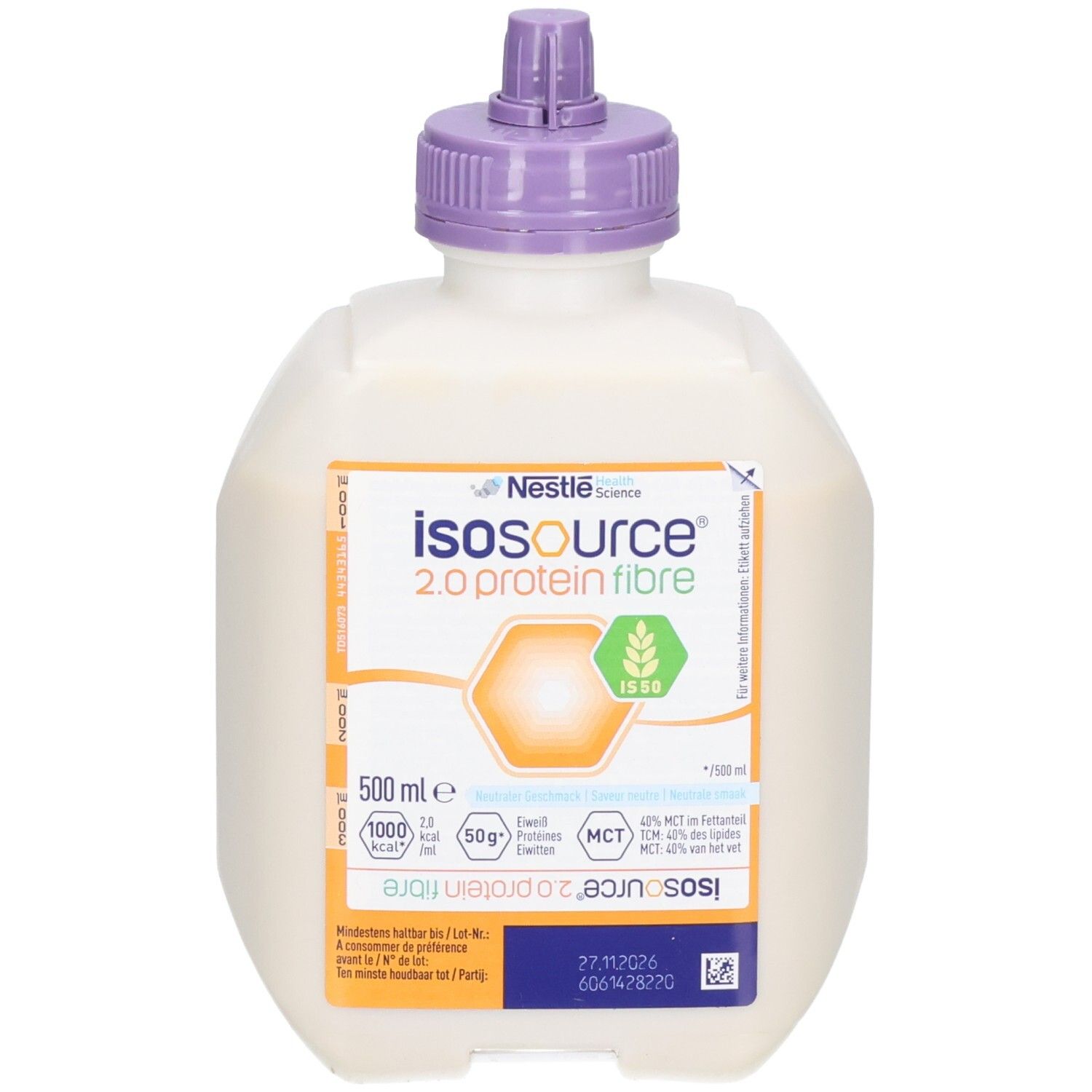 Flasche ISOSOURCE 2.0 Protein Fibre. Weißes Getränk mit lila Verschluss. Aufdrucke: Marke, Produktname, Nährwertangaben, 500 ml.