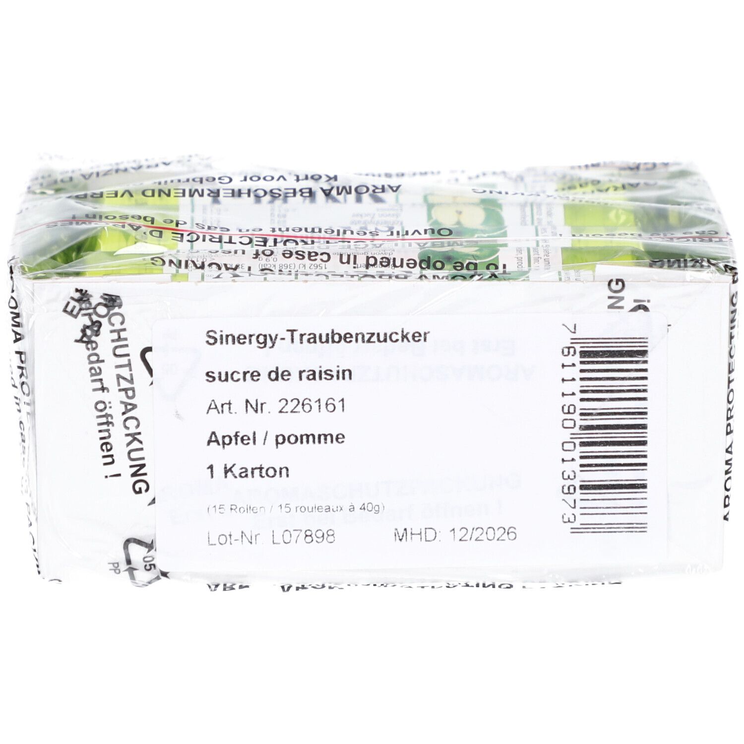 Boîte de sucre de raisin emballée. Inscriptions: nom du produit, pomme, numéro de lot, date de péremption.