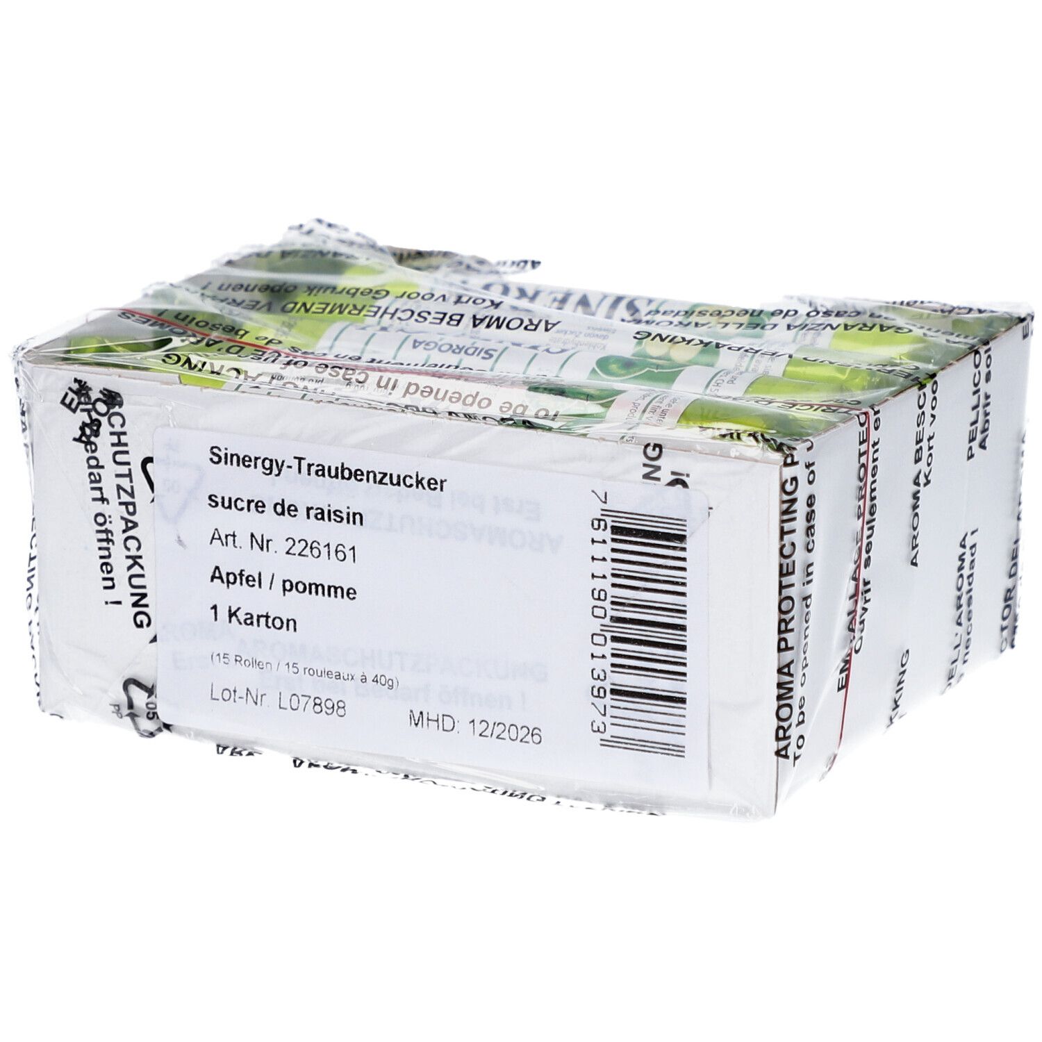 Boîte de sucre de raisin emballée. Inscriptions: nom du produit, pomme, numéro de lot, date de péremption.