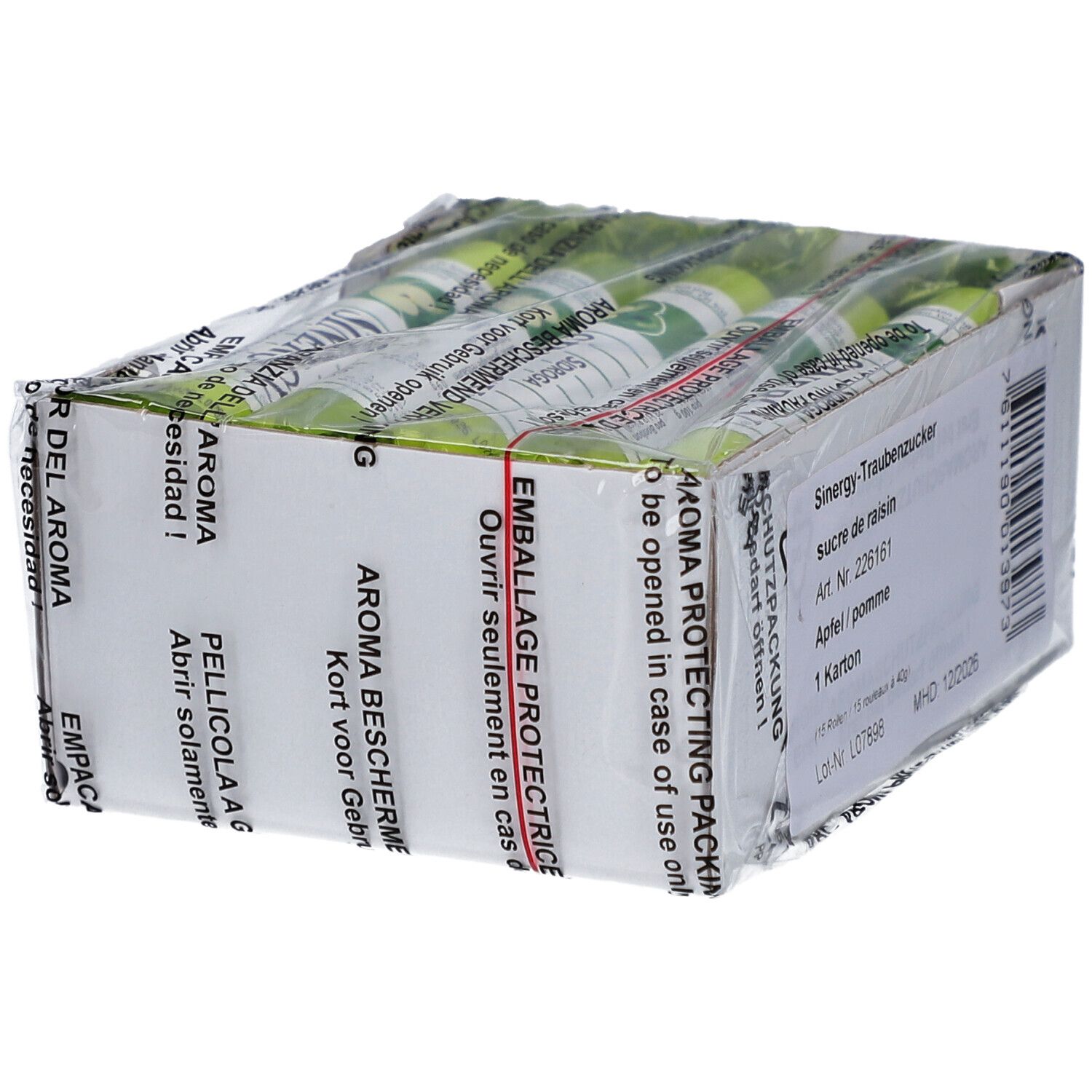 Boîte de sucre de raisin emballée. Visibles: paquets individuels, couleur verte.
