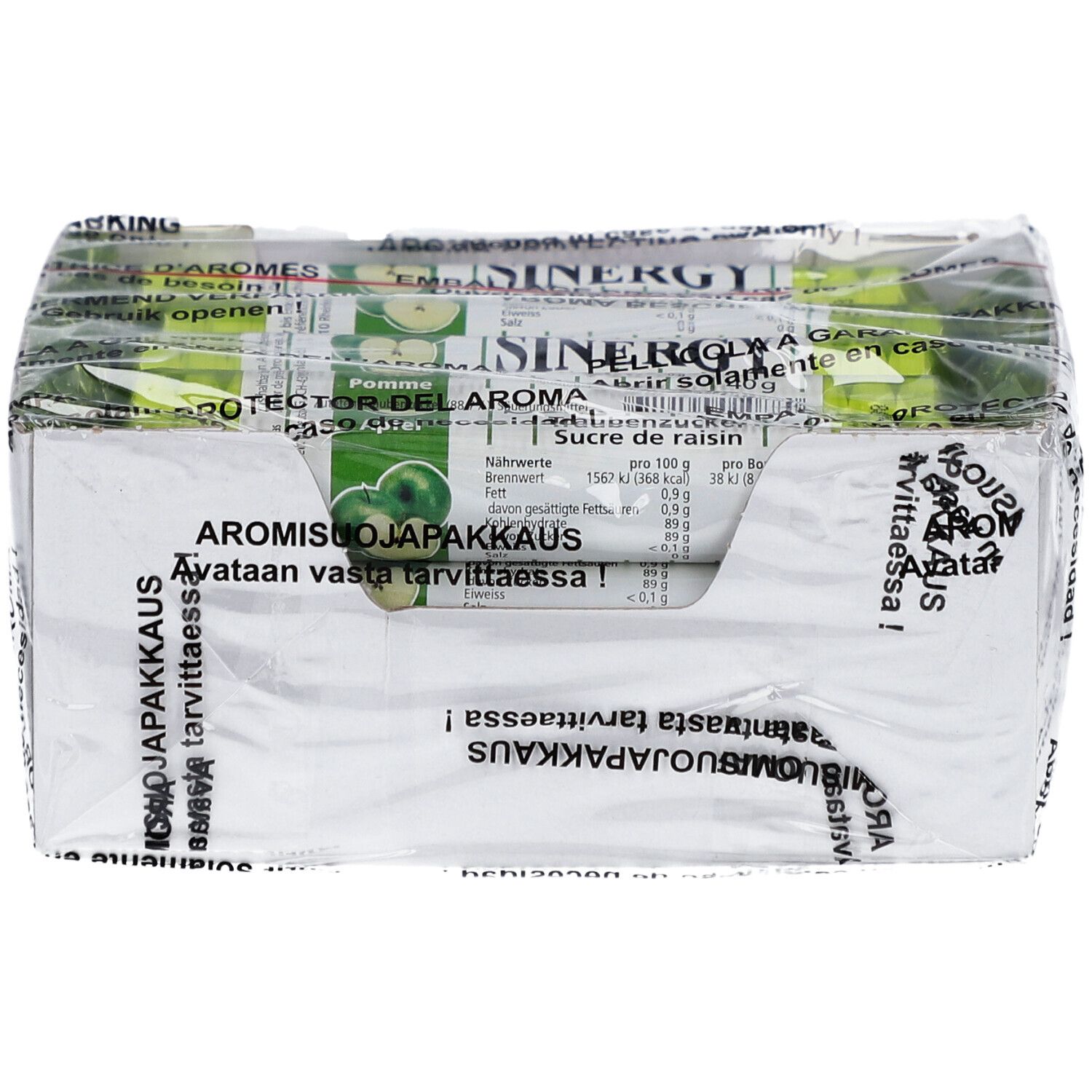 Boîte de sucre de raisin emballée dans du plastique. Une ouverture est visible pour l'accès aux produits.