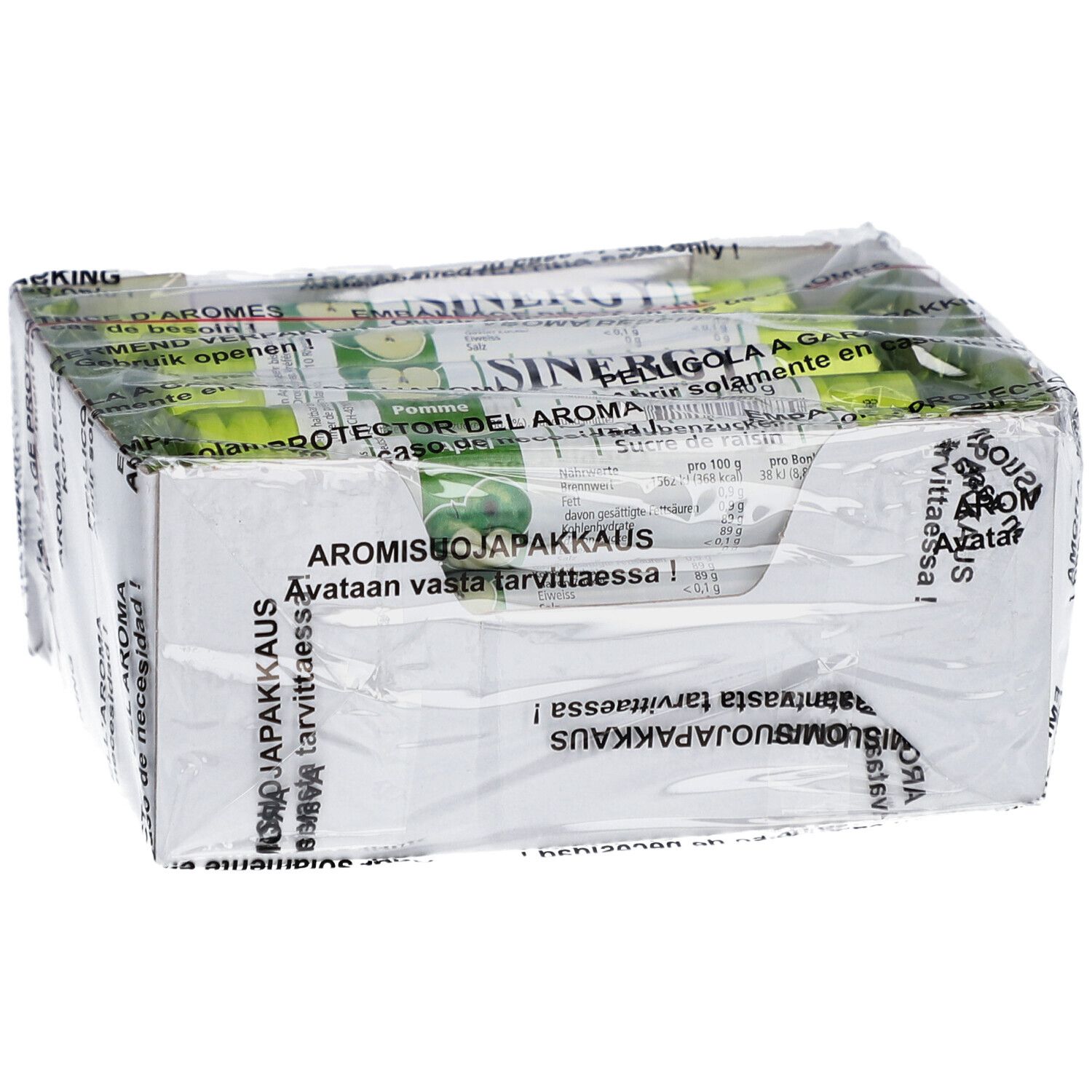 Boîte de sucre de raisin emballée dans du plastique. Une ouverture est visible pour l'accès aux produits.