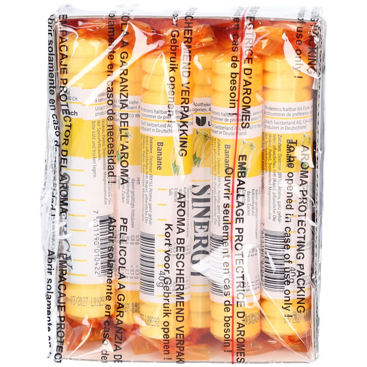 Emballage de SINERGY Traubenzucker Banane. Bâtonnets individuels sous film. Inscription : Emballage protecteur d'arômes.