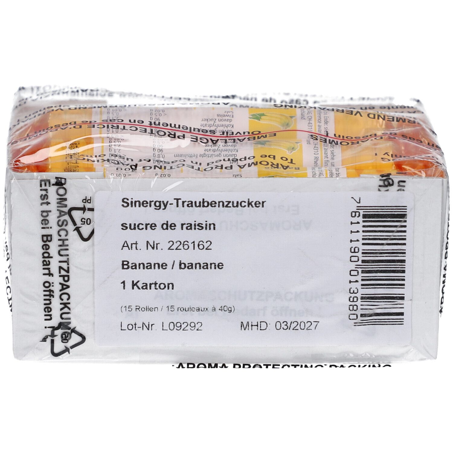 Emballage de SINERGY Traubenzucker Banane. Inscription : sucre de raisin, Banane. 1 carton de 15 rouleaux.